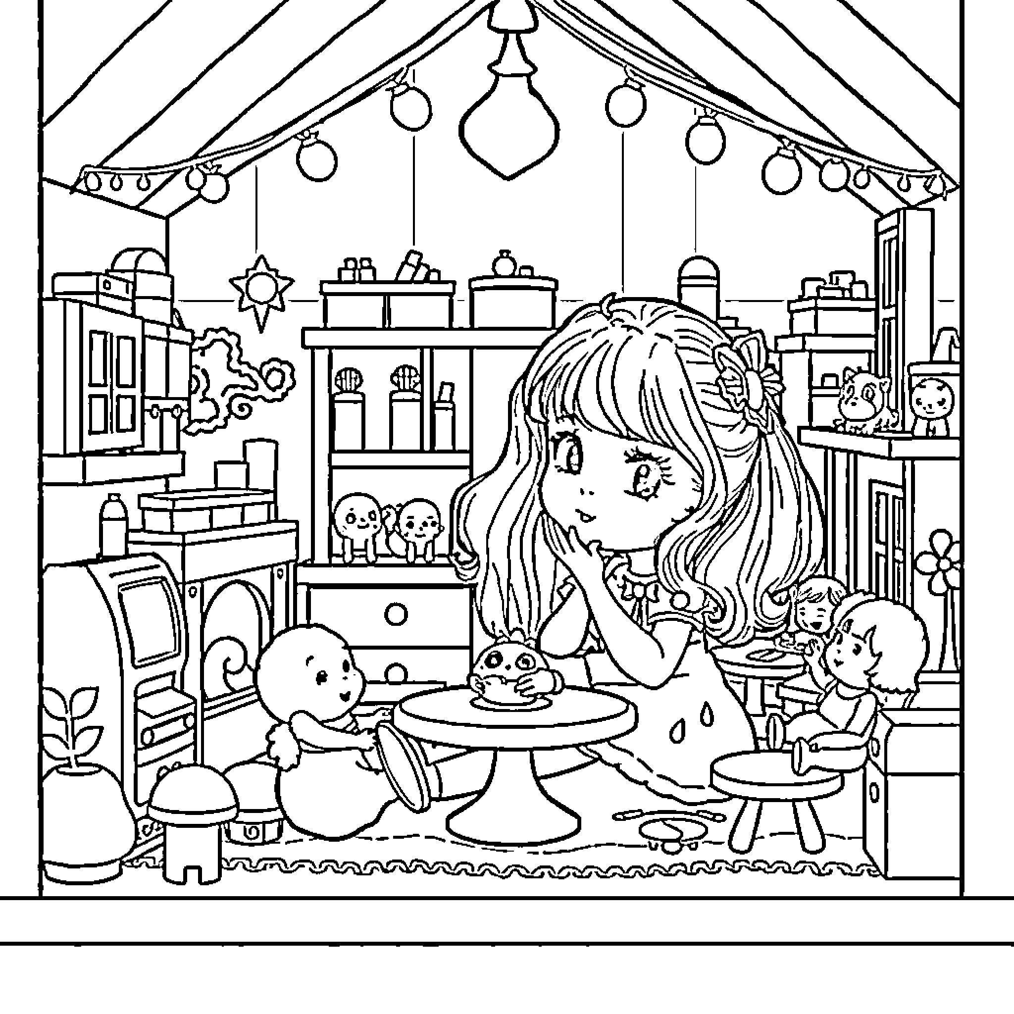 Gaby's Imaginative Playtime in a Whimsical Wonderland Coloring Page (free black-and-white line drawing printable PDF for all, from beginners to advanced learners, including children, teens, adults, and seniors)