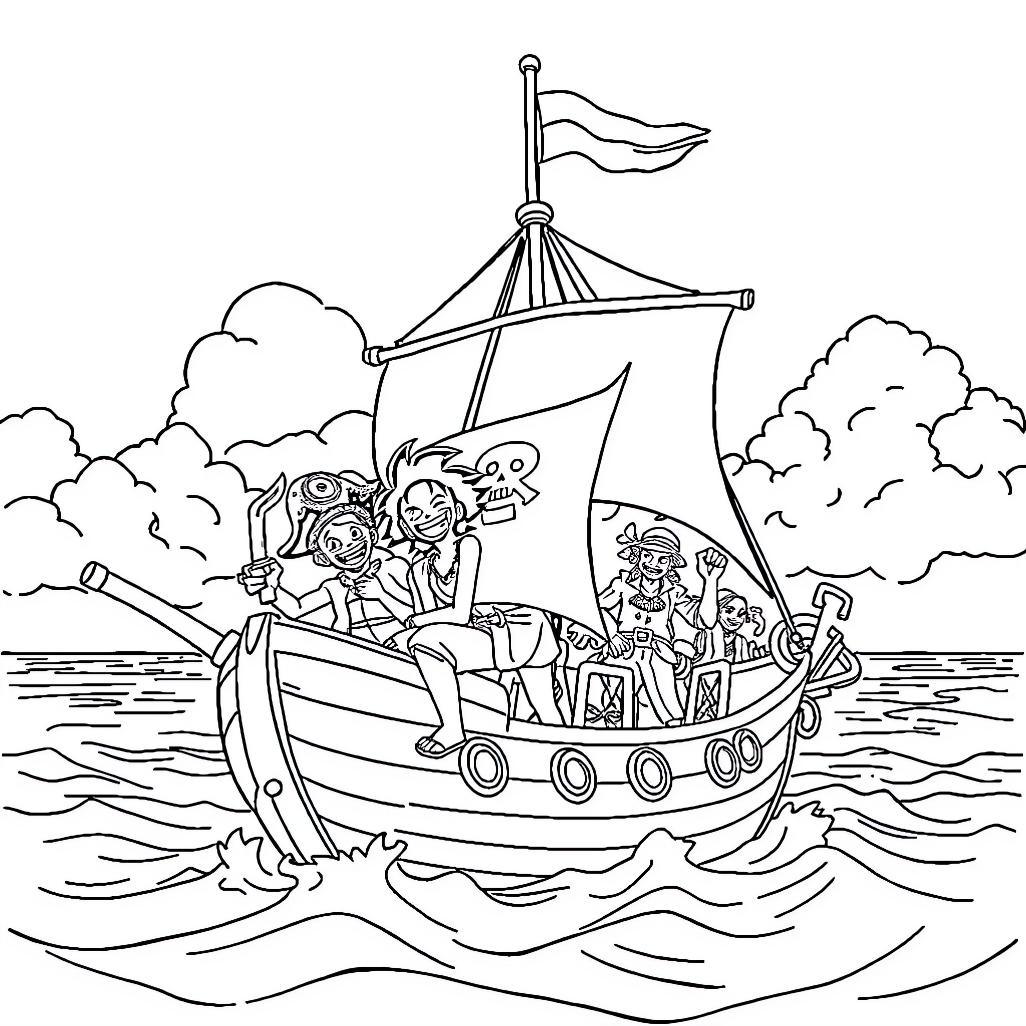 One Piece Pirate Ship Adventure at Sea Coloring Page (free black-and-white line drawing printable PDF for all, from beginners to advanced learners, including children, teens, adults, and seniors)