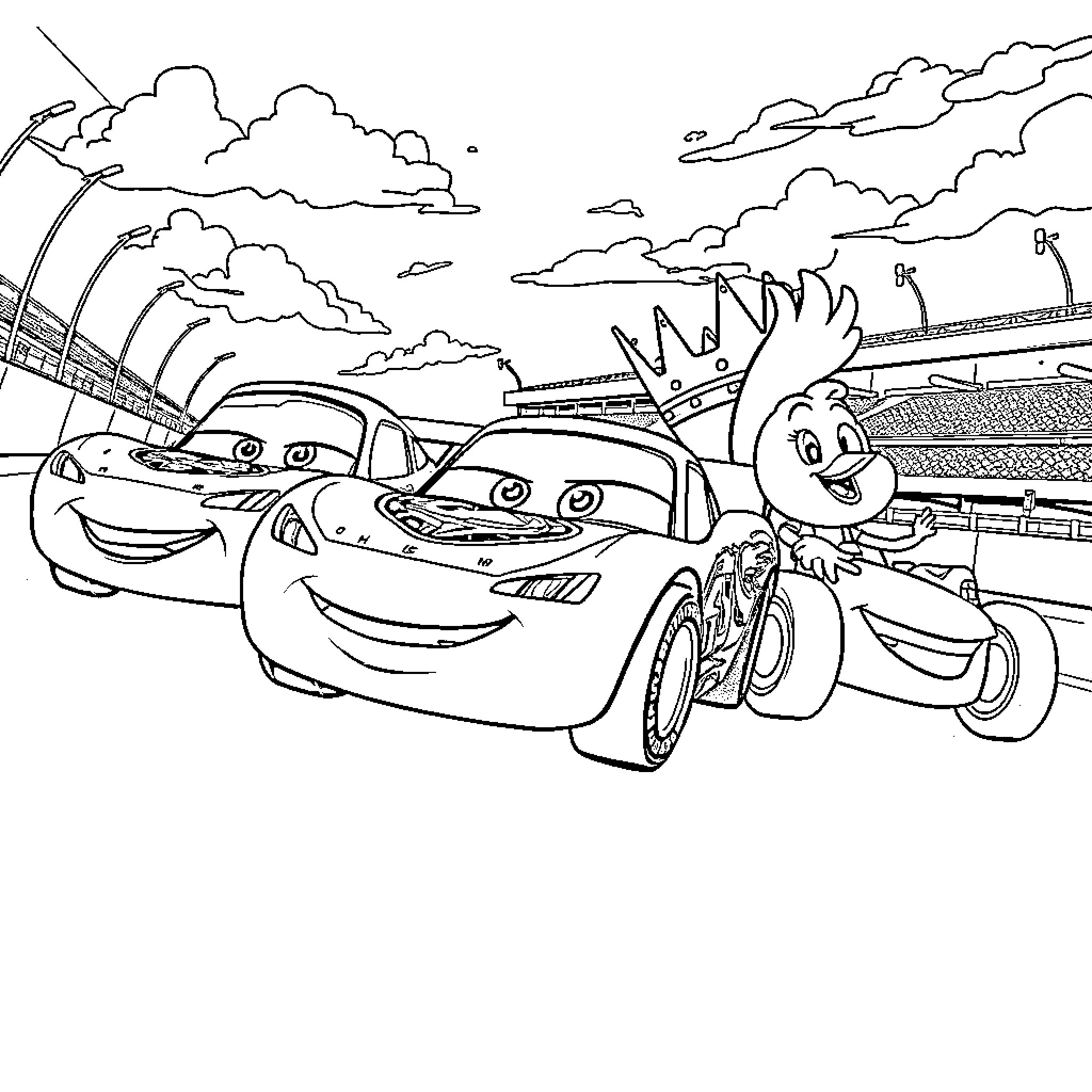 Lightning McQueen Racing with Friends in the Stadium Coloring Page (free black-and-white line drawing printable PDF for all, from beginners to advanced learners, including children, teens, adults, and seniors)