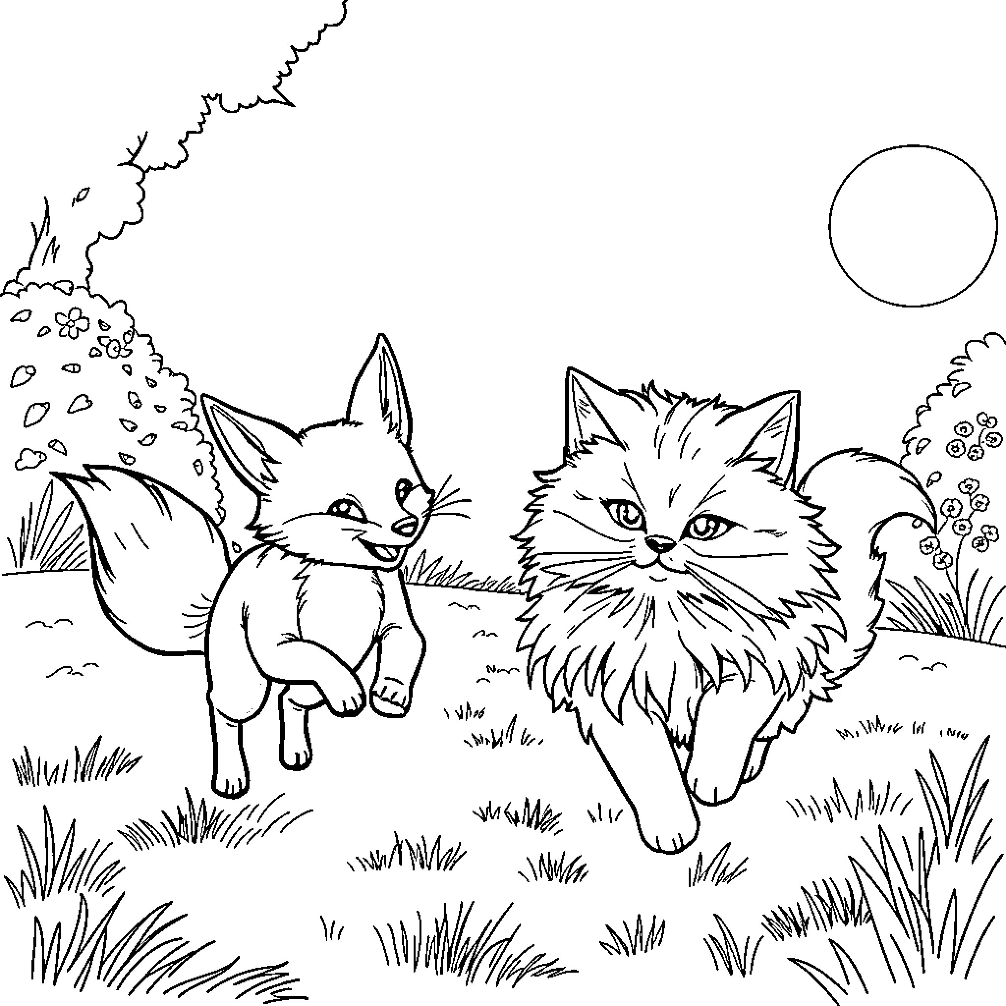 Fox companions exploring the natural landscape Coloring Page (free black-and-white line drawing printable PDF for all, from beginners to advanced learners, including children, teens, adults, and seniors)