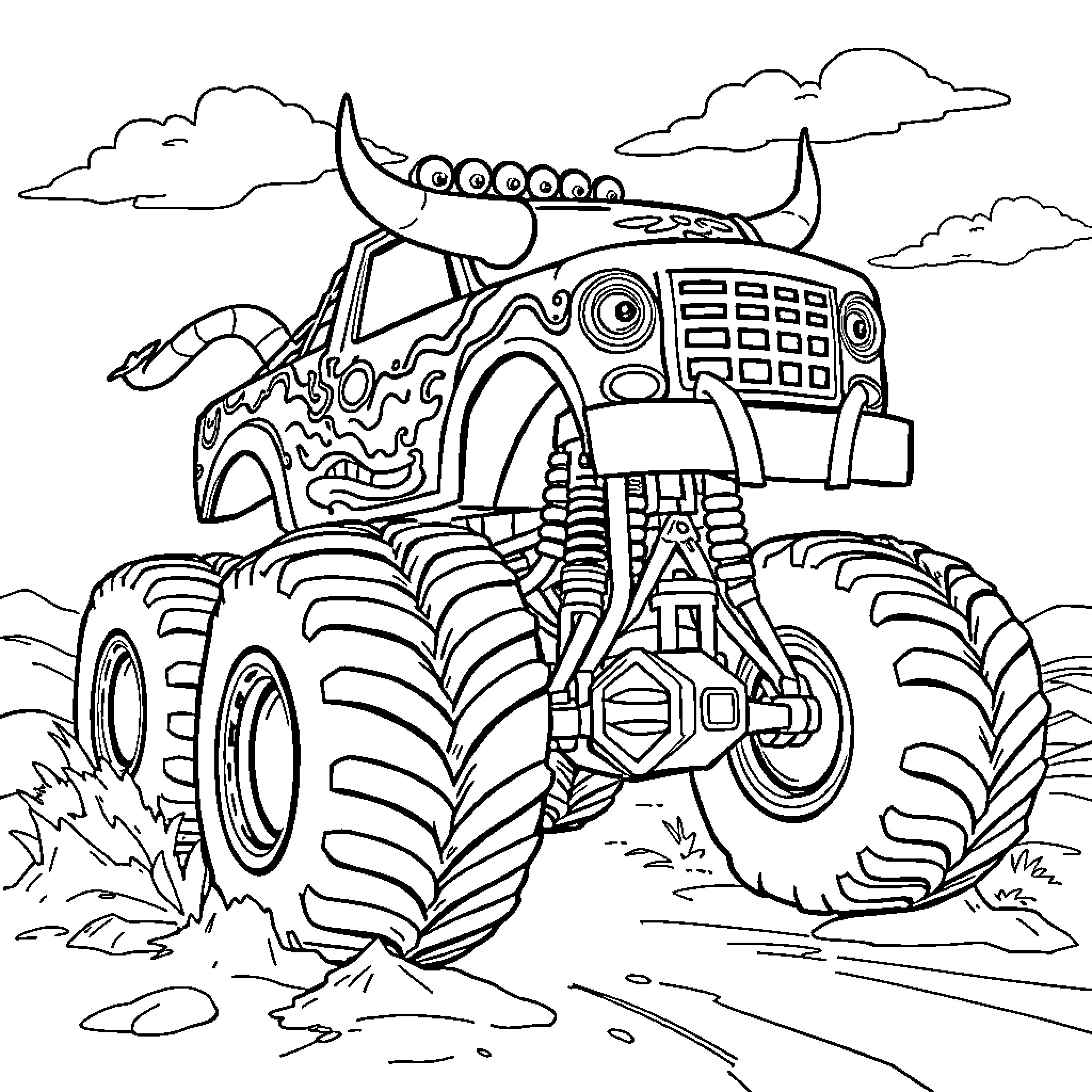 Monster Truck Roaring Adventure on the Countryside Coloring Page (free black-and-white line drawing printable PDF for all, from beginners to advanced learners, including children, teens, adults, and seniors)