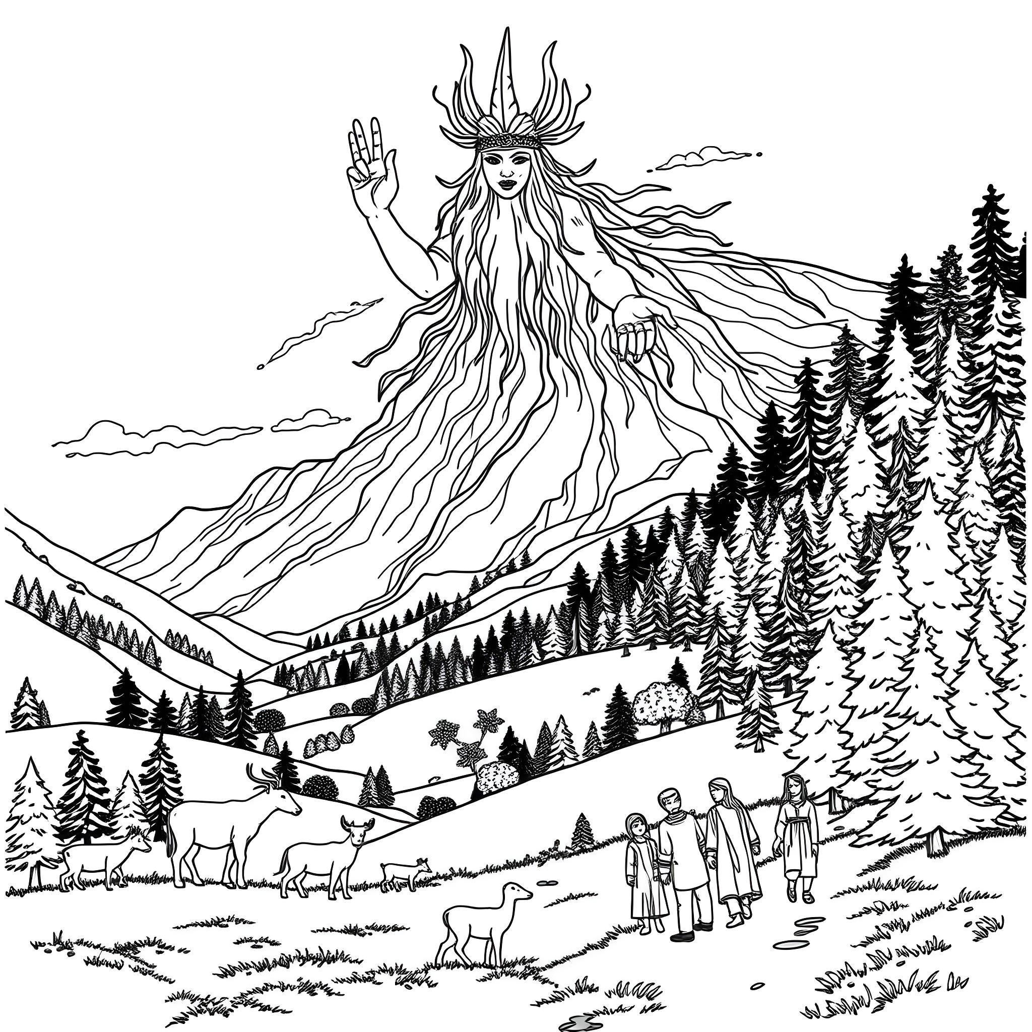 Spirit of the Mountain Wilderness Coloring Page (free black-and-white line drawing printable PDF for all, from beginners to advanced learners, including children, teens, adults, and seniors)