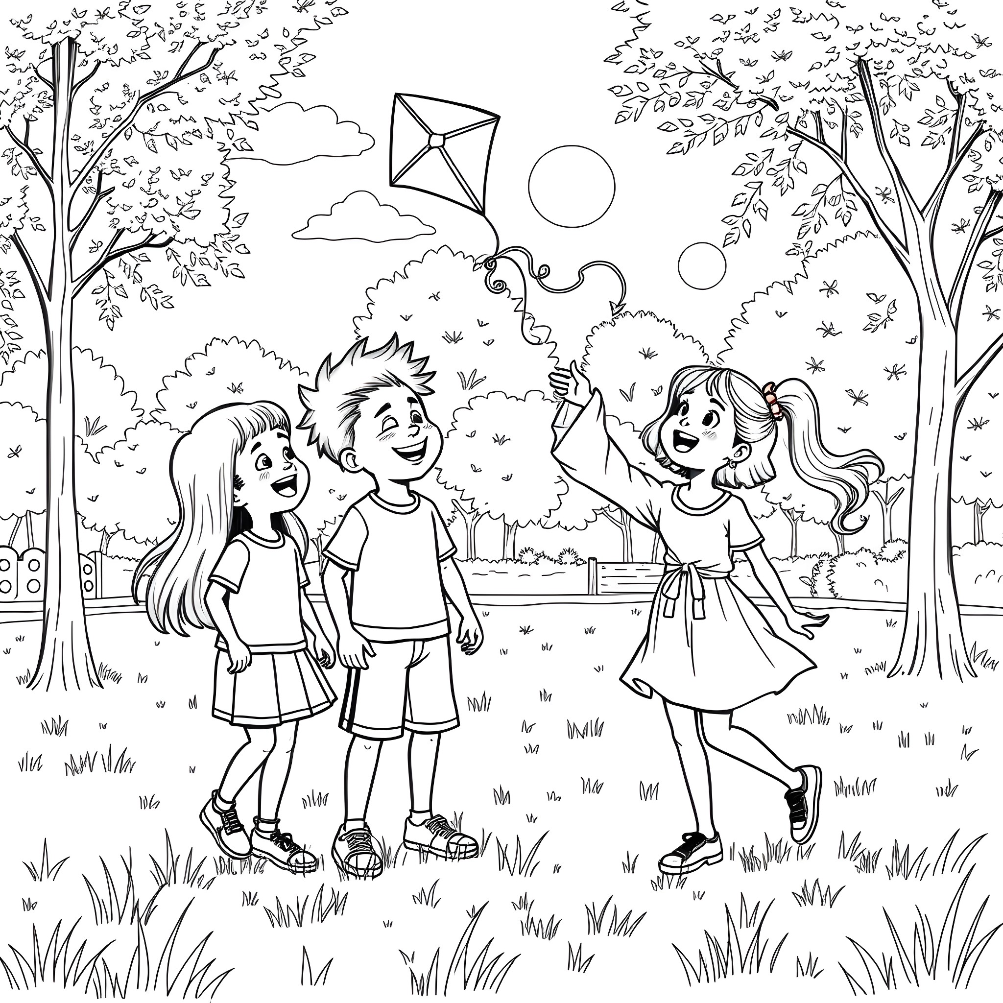 Character children playing happily with kite in park Coloring Page (free black-and-white line drawing printable PDF for all, from beginners to advanced learners, including children, teens, adults, and seniors)