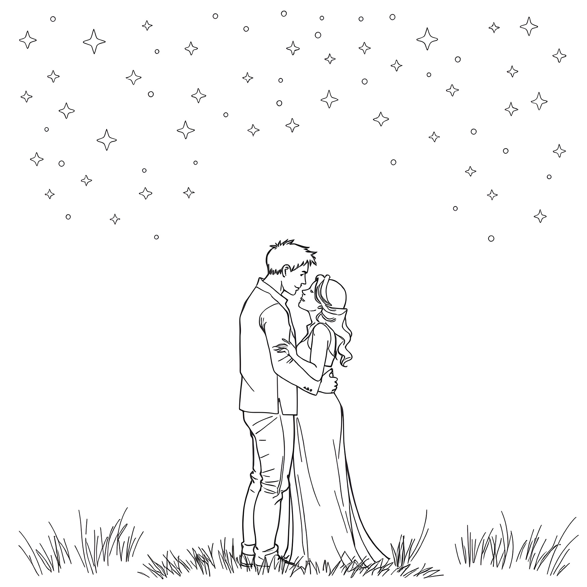 Mick and Beth sharing a romantic moment under the stars Coloring Page (free black-and-white line drawing printable PDF for all, from beginners to advanced learners, including children, teens, adults, and seniors)