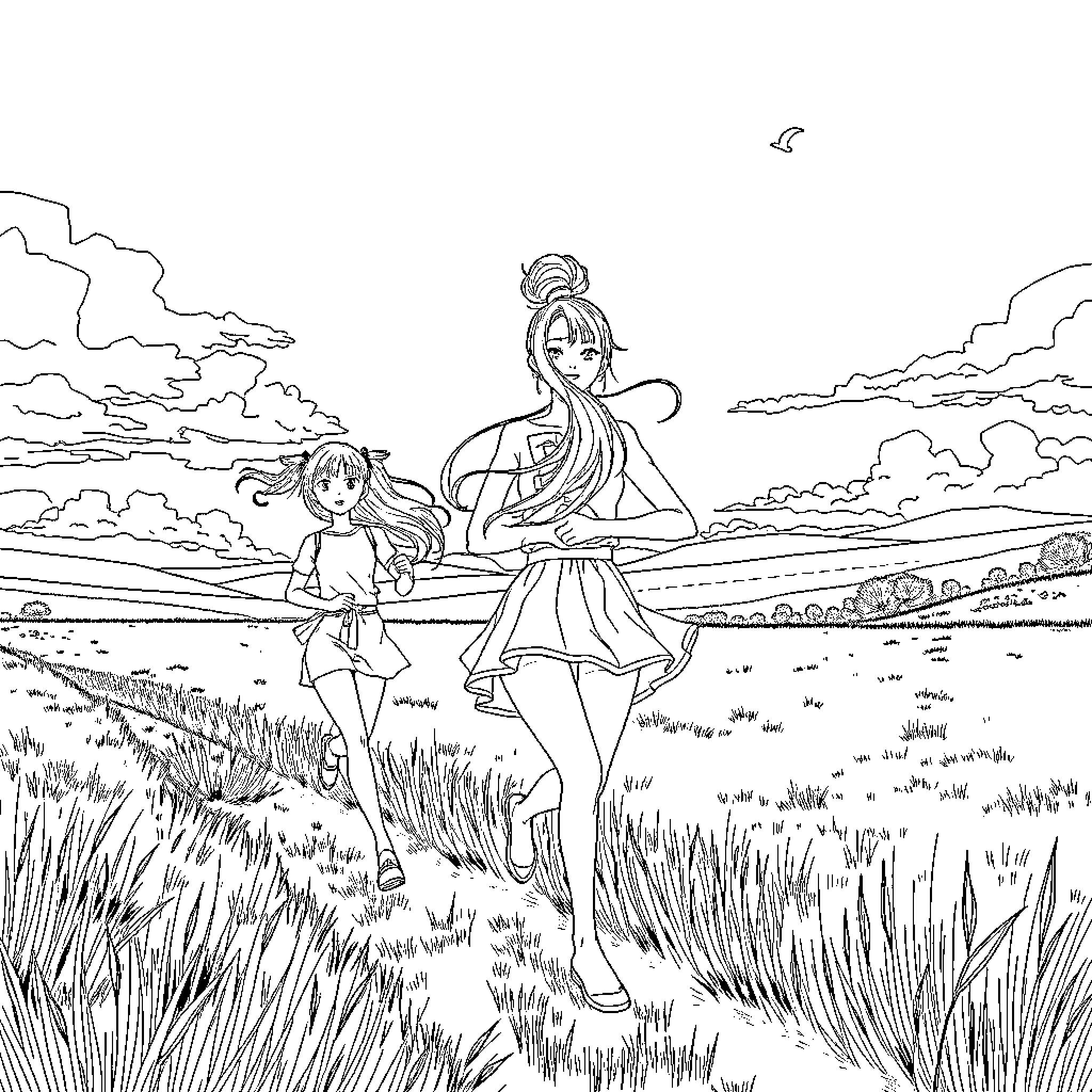 Sangoku Characters Strolling Through a Scenic Landscape Coloring Page (free black-and-white line drawing printable PDF for all, from beginners to advanced learners, including children, teens, adults, and seniors)
