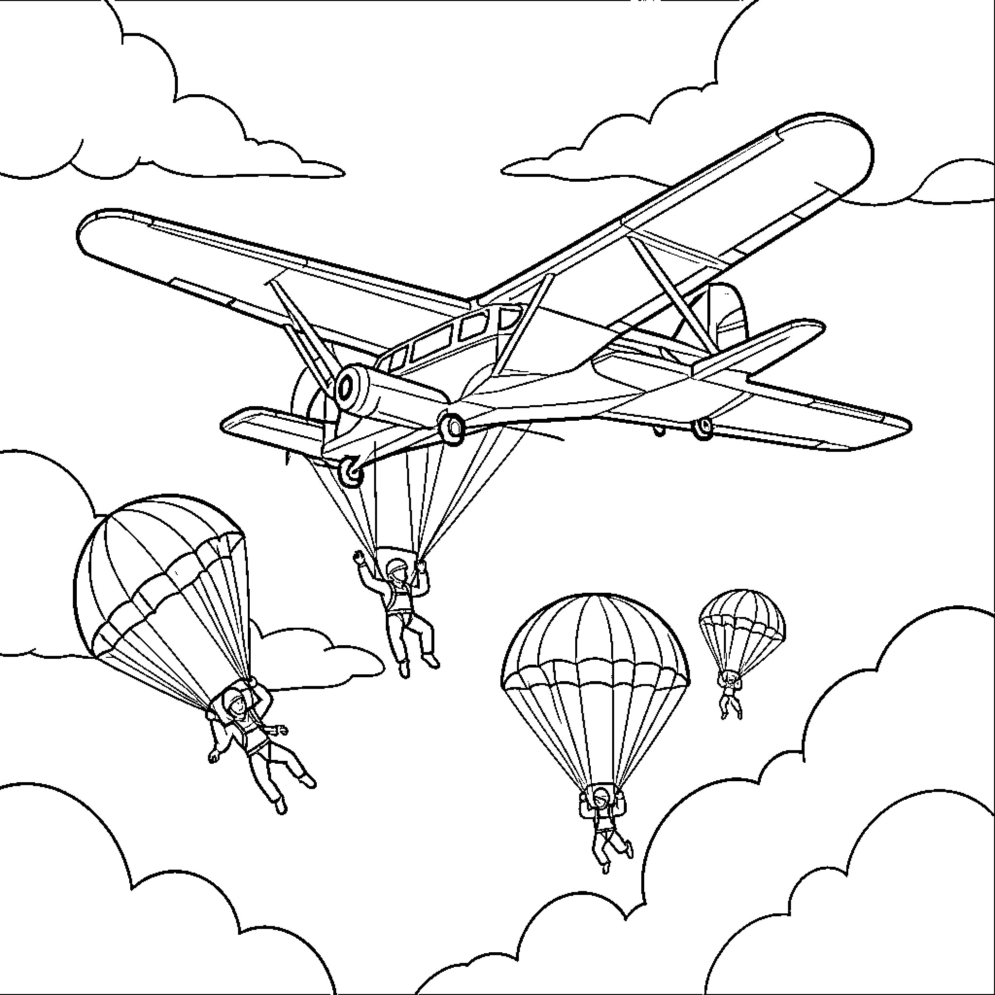 Airplane dropping skydivers through a cloudy sky Coloring Page (free black-and-white line drawing printable PDF for all, from beginners to advanced learners, including children, teens, adults, and seniors)