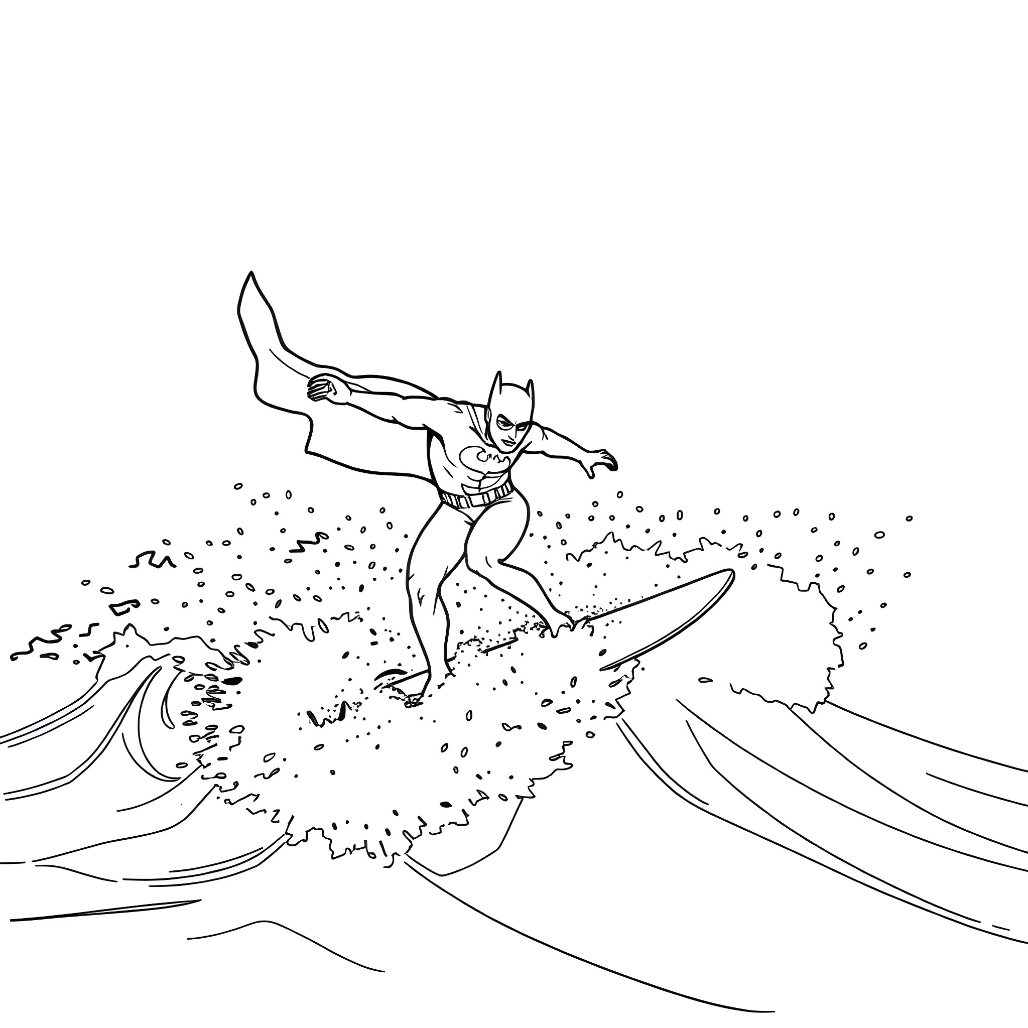 Batfleck surfing amidst crashing waves Coloring Page (free black-and-white line drawing printable PDF for all, from beginners to advanced learners, including children, teens, adults, and seniors)