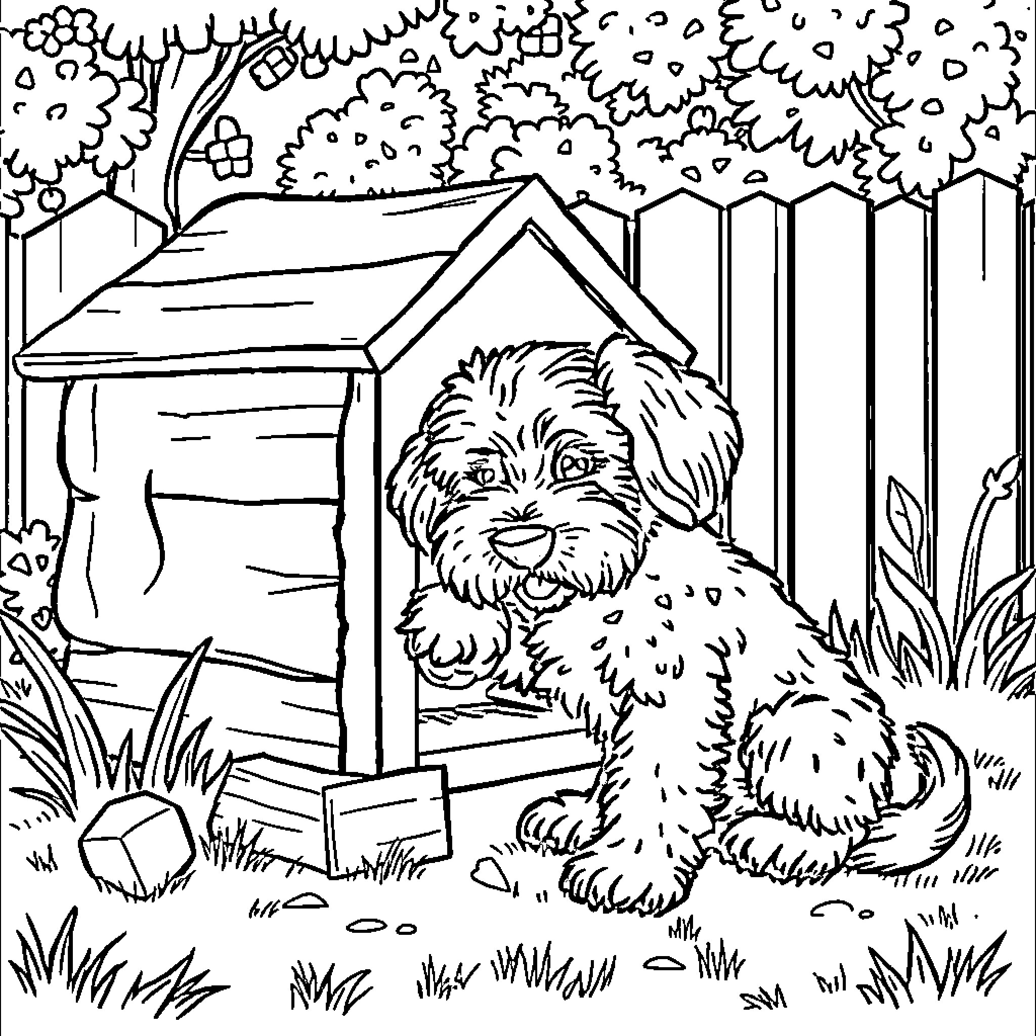 Schnoodle playing joyfully in the backyard Coloring Page (free black-and-white line drawing printable PDF for all, from beginners to advanced learners, including children, teens, adults, and seniors)