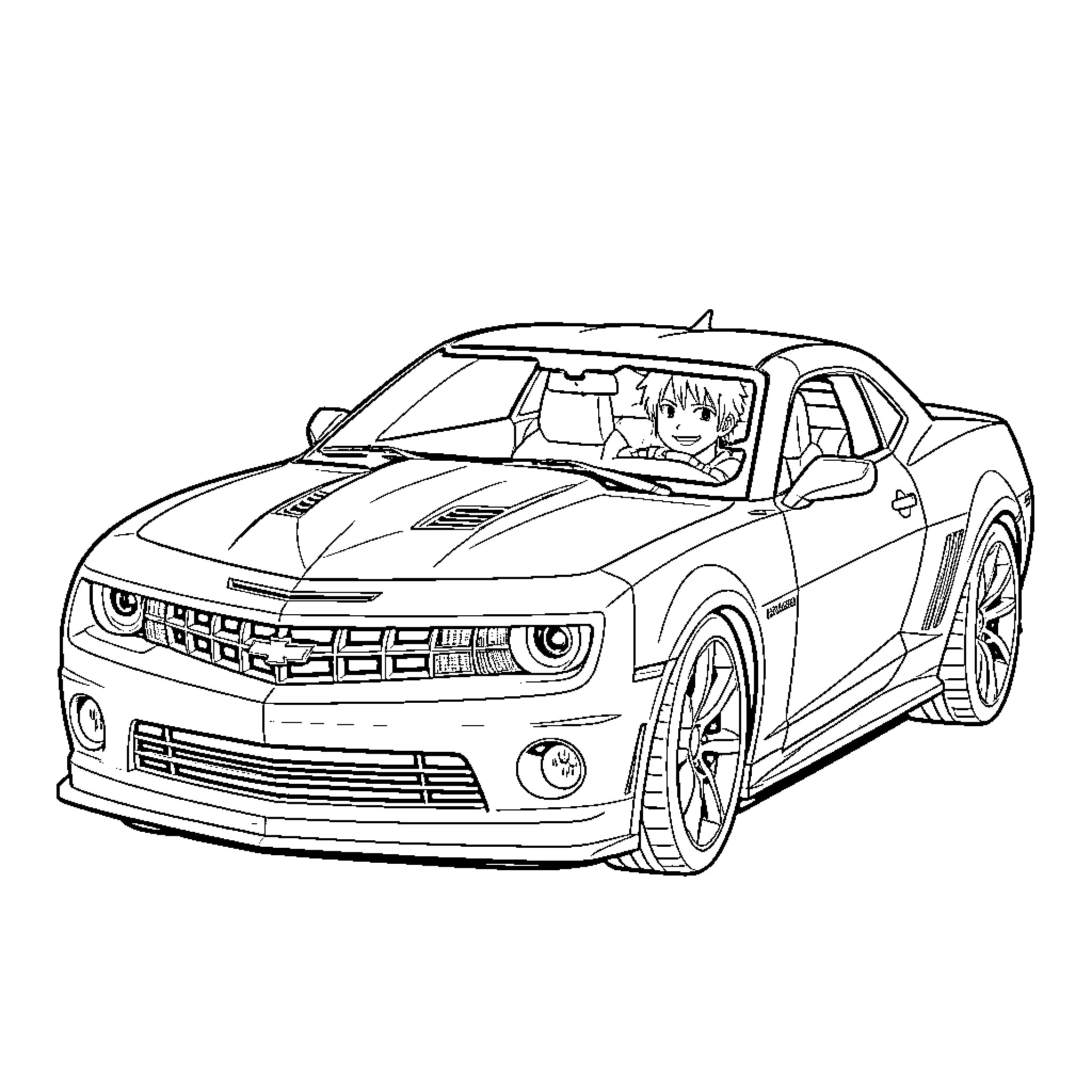 Killua Zoldyck driving a high-performance sports car Coloring Page (free black-and-white line drawing printable PDF for all, from beginners to advanced learners, including children, teens, adults, and seniors)