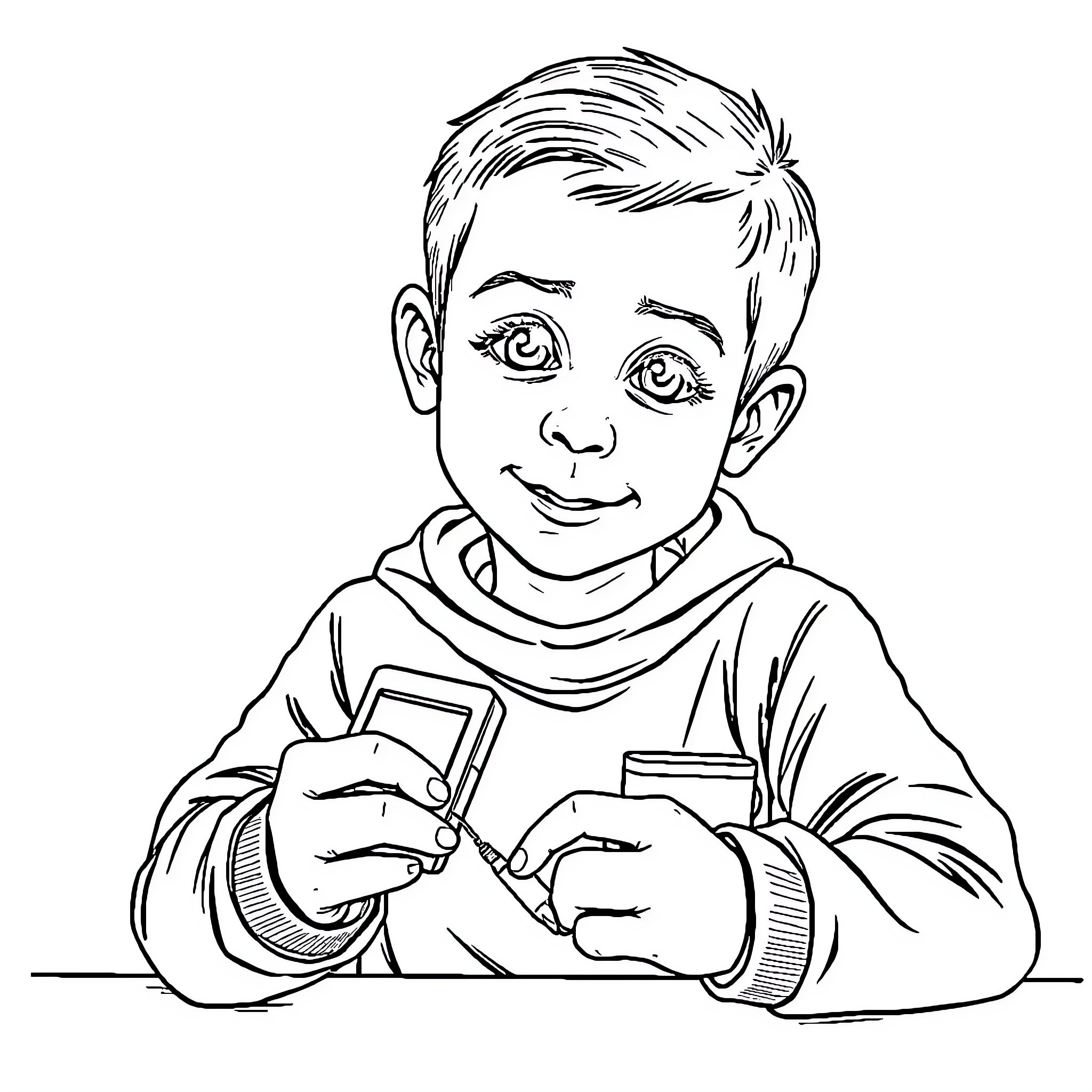 Boy playing with electronic devices Coloring Page (free black-and-white line drawing printable PDF for all, from beginners to advanced learners, including children, teens, adults, and seniors)