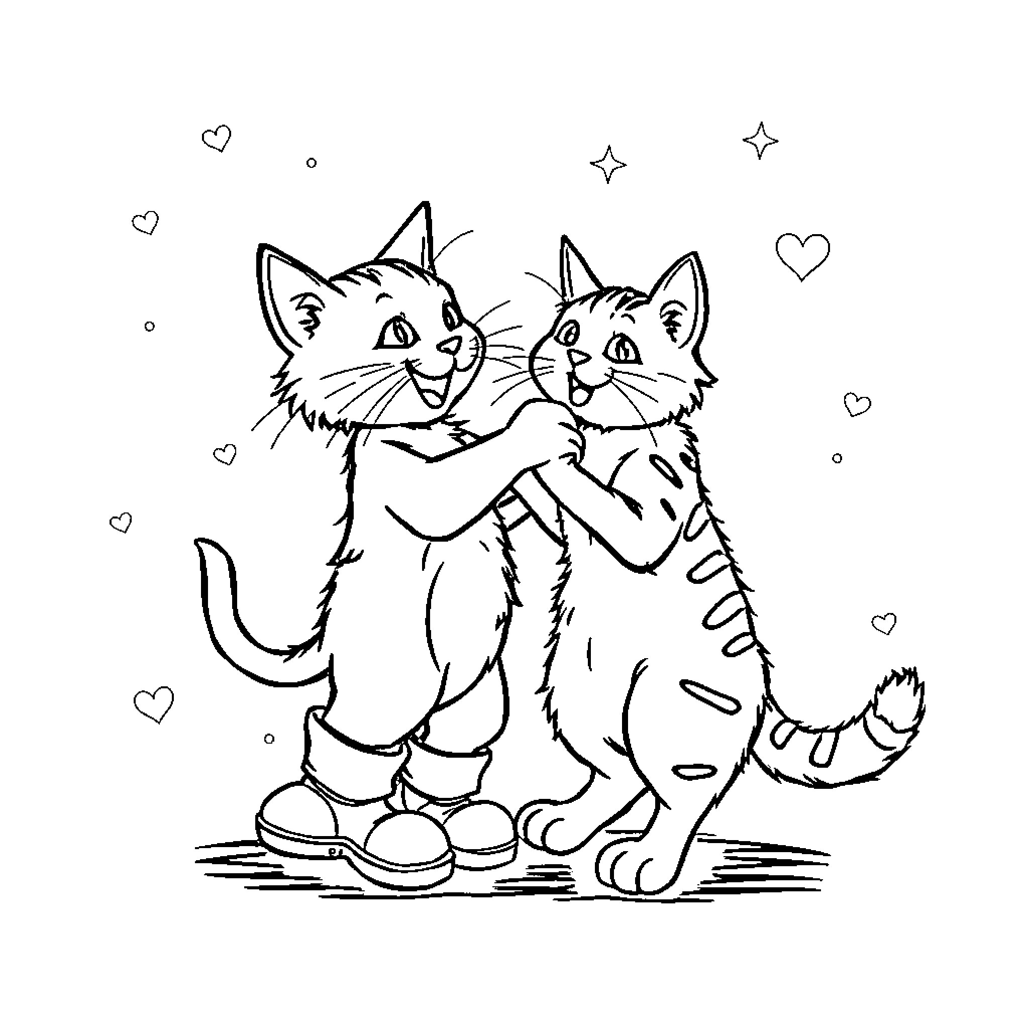 Cat friends sharing a tender moment Coloring Page (free black-and-white line drawing printable PDF for all, from beginners to advanced learners, including children, teens, adults, and seniors)