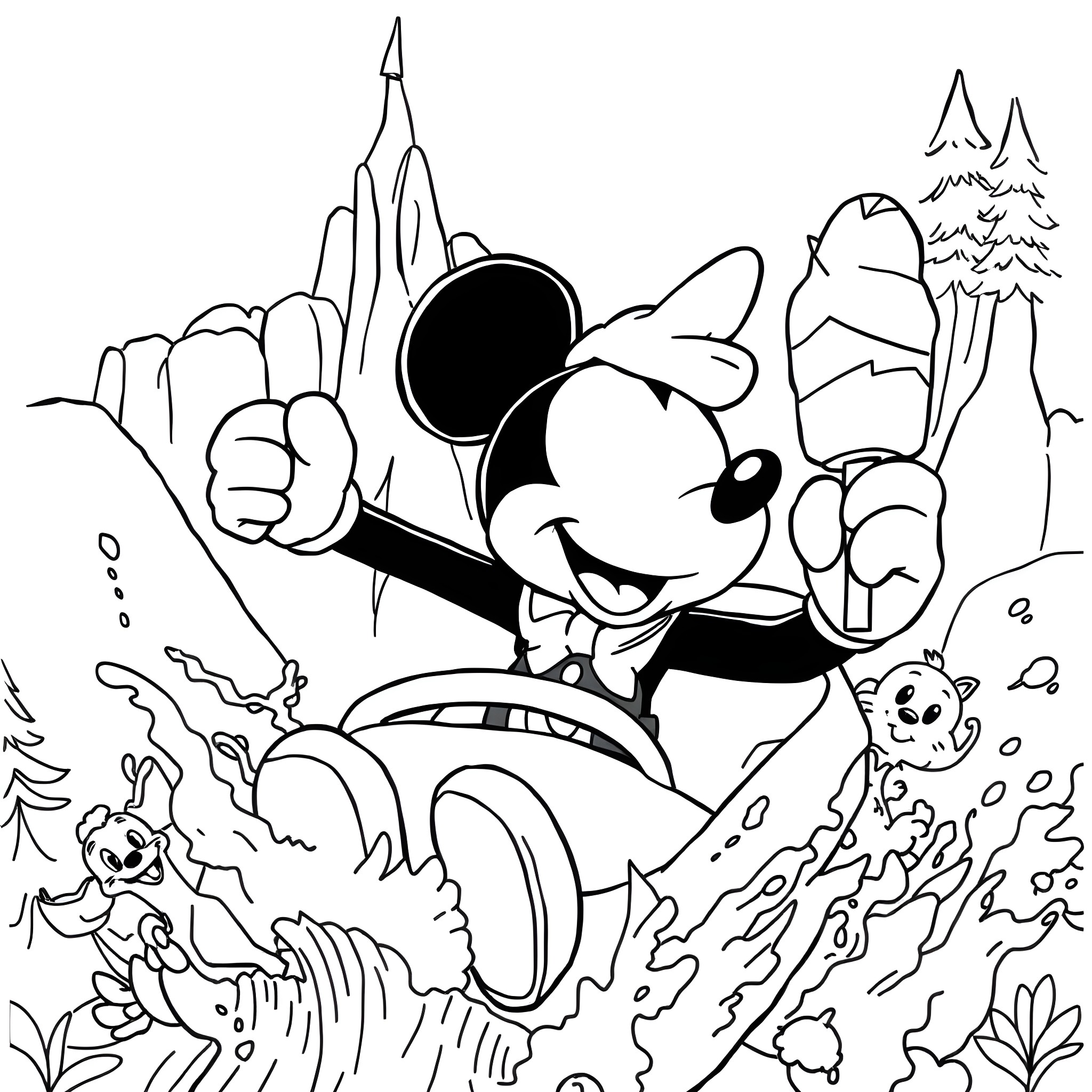 Mickey Mouse in Adventurous Outdoor Scene Coloring Page (free black-and-white line drawing printable PDF for all, from beginners to advanced learners, including children, teens, adults, and seniors)