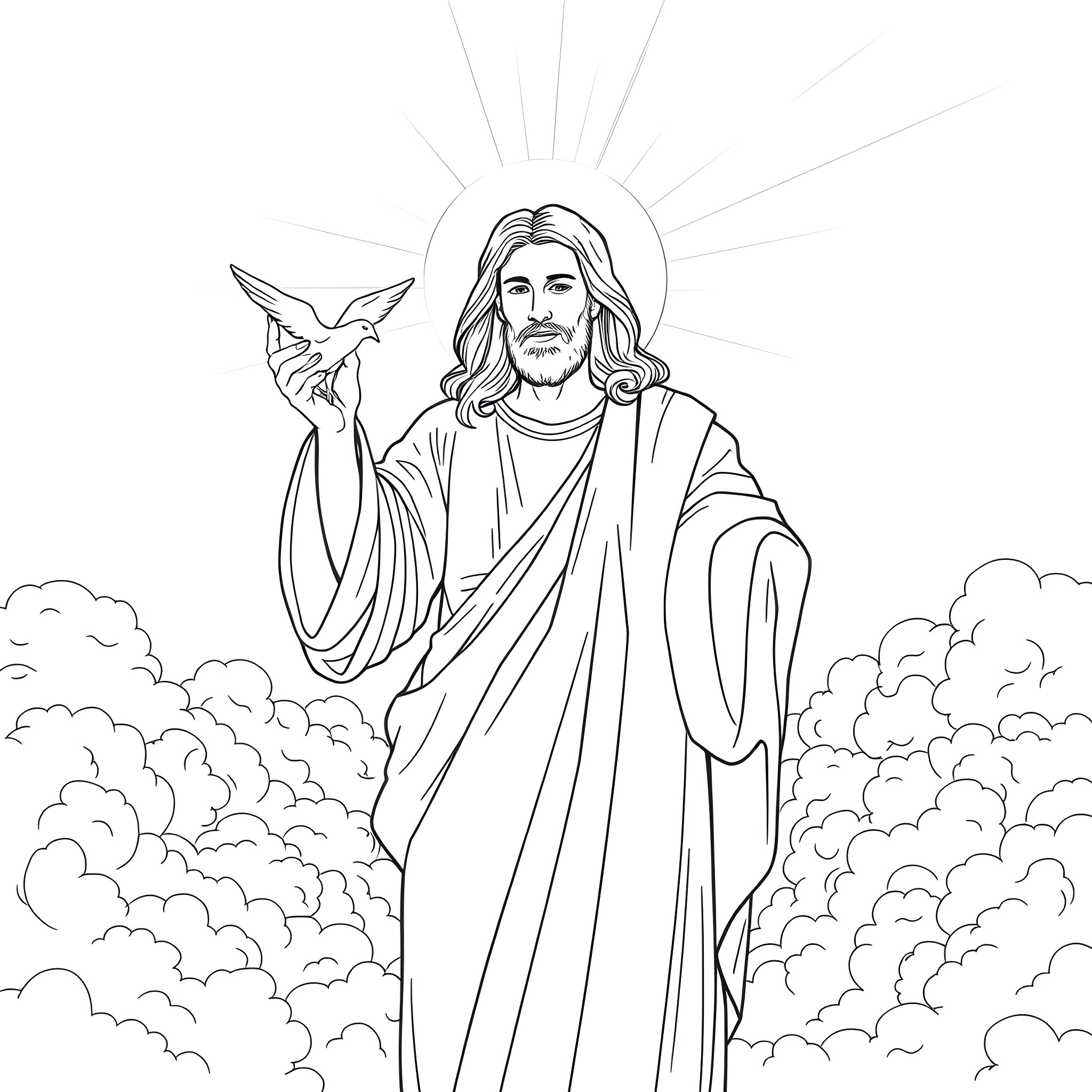 Jesus ascending into heaven with a dove Coloring Page (free black-and-white line drawing printable PDF for all, from beginners to advanced learners, including children, teens, adults, and seniors)