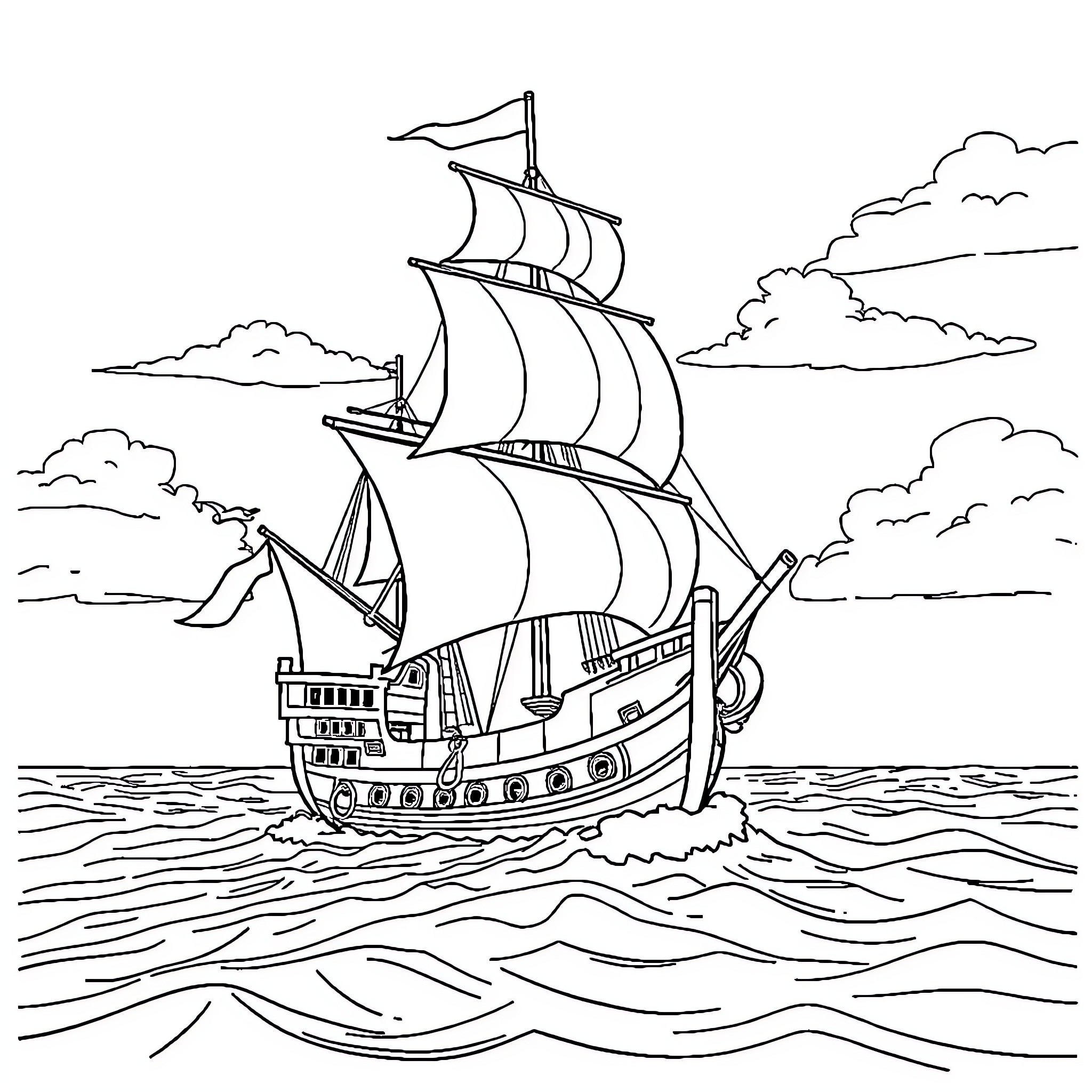 Pirate Ship Sailing on High Seas Coloring Page (free black-and-white line drawing printable PDF for all, from beginners to advanced learners, including children, teens, adults, and seniors)