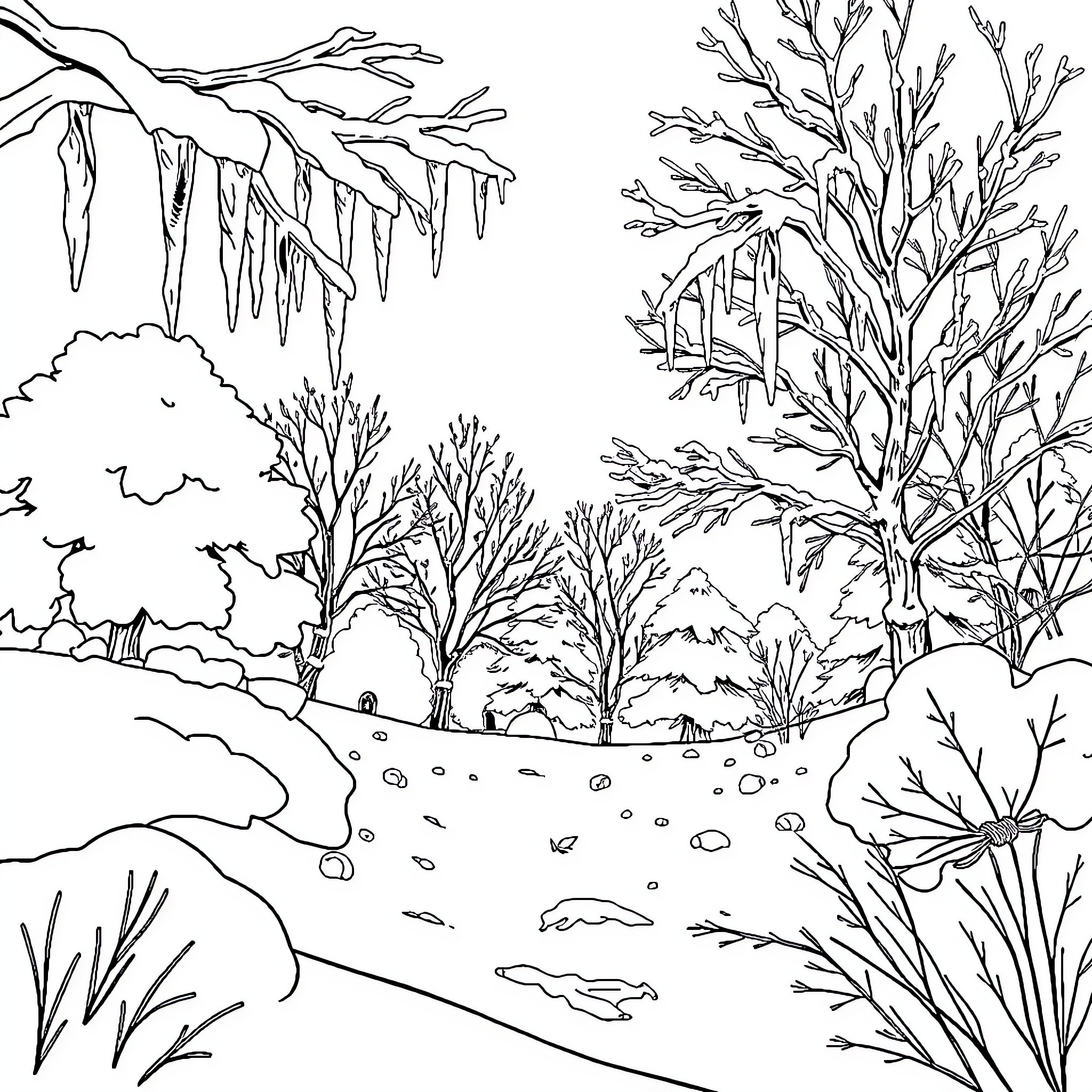 Winter Wonderland Landscape with Icy Trees Coloring Page (free black-and-white line drawing printable PDF for all, from beginners to advanced learners, including children, teens, adults, and seniors)