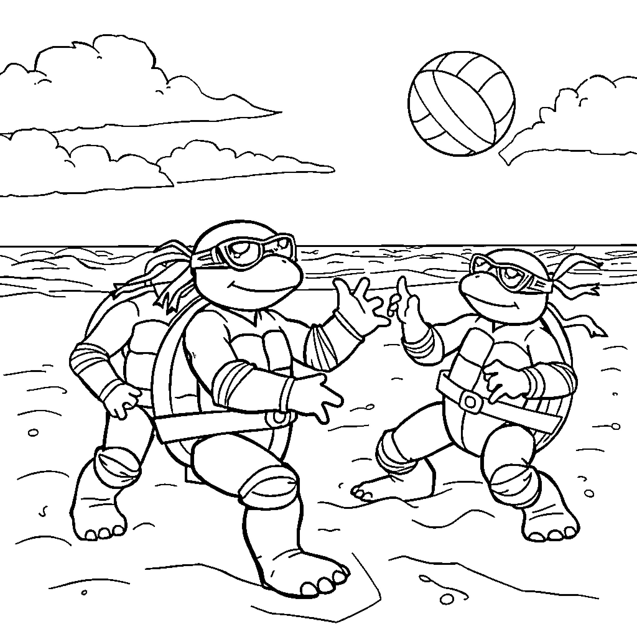 Ninja Turtles playing on the beach Coloring Page (free black-and-white line drawing printable PDF for all, from beginners to advanced learners, including children, teens, adults, and seniors)