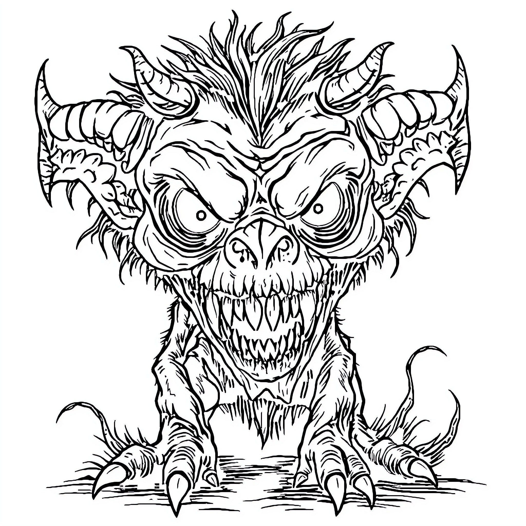Monster Creature with Monstrous Expression and Demonic Appearance Coloring Page (free black-and-white line drawing printable PDF for all, from beginners to advanced learners, including children, teens, adults, and seniors)