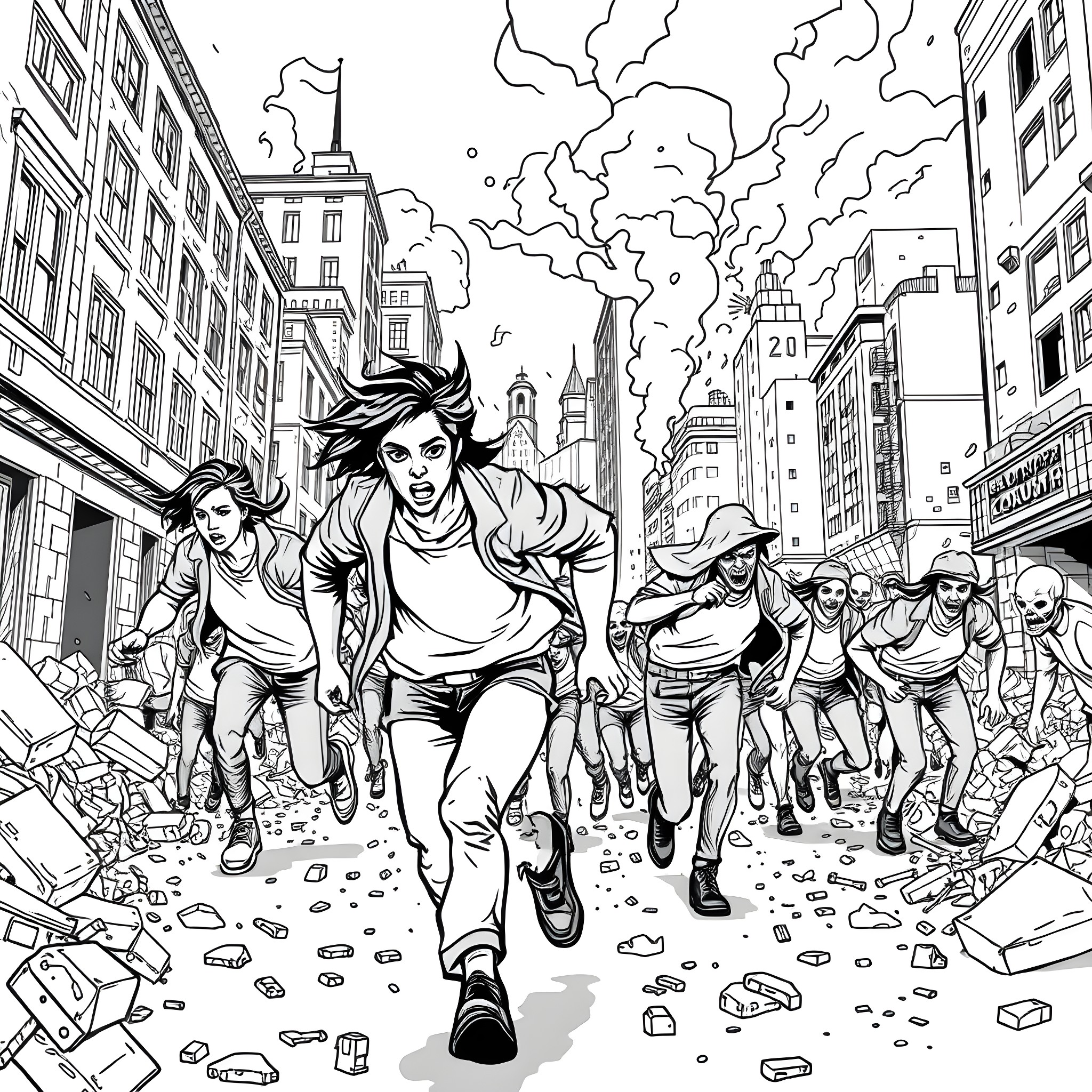 Teen heroes rushing to save the city Coloring Page (free black-and-white line drawing printable PDF for all, from beginners to advanced learners, including children, teens, adults, and seniors)