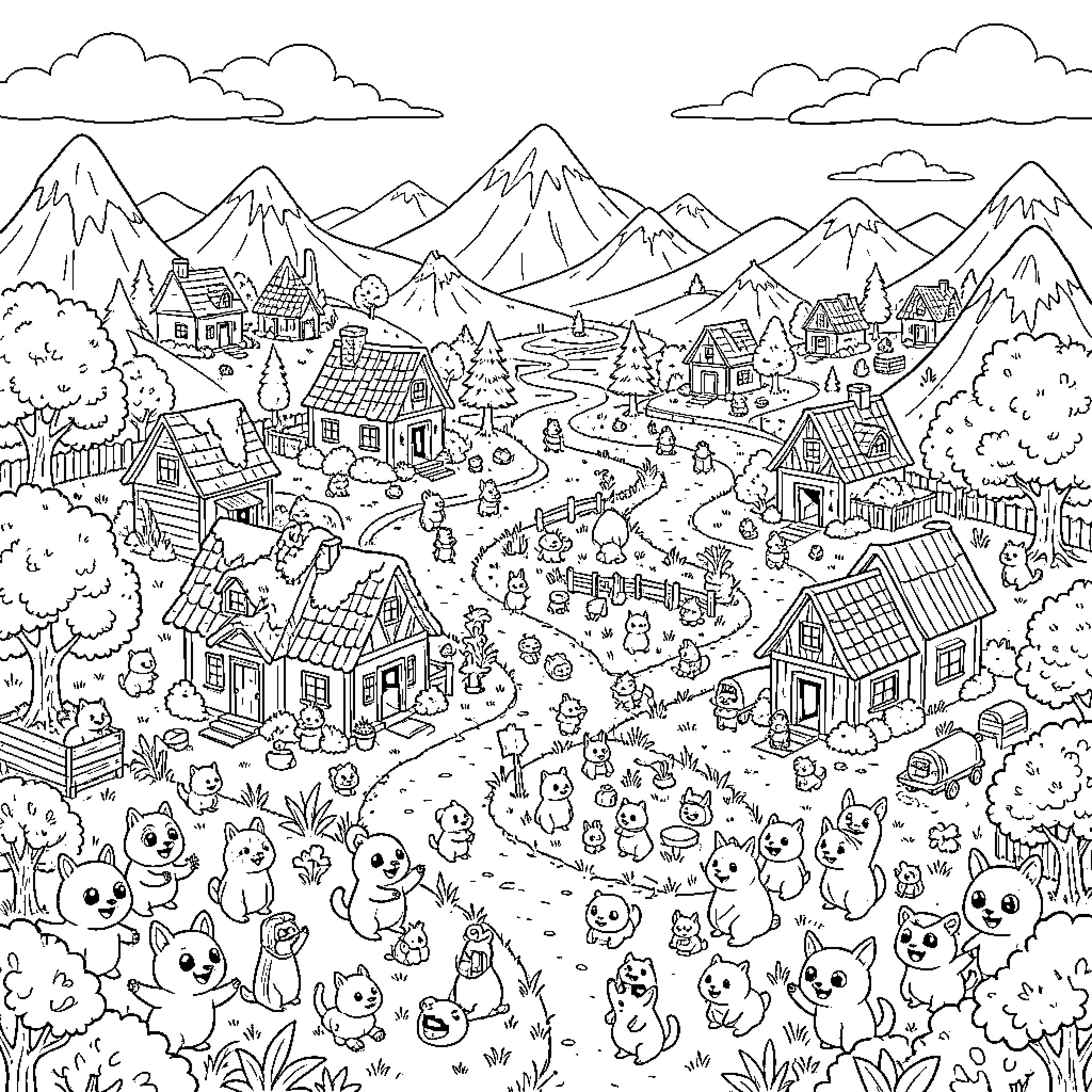 Palworld creatures exploring a peaceful village landscape Coloring Page (free black-and-white line drawing printable PDF for all, from beginners to advanced learners, including children, teens, adults, and seniors)