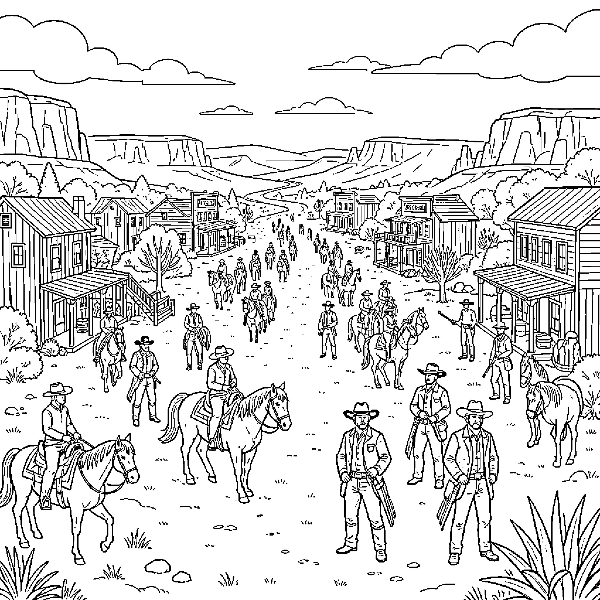 Red Dead Redemption outlaws riding through a desert town Coloring Page (free black-and-white line drawing printable PDF for all, from beginners to advanced learners, including children, teens, adults, and seniors)