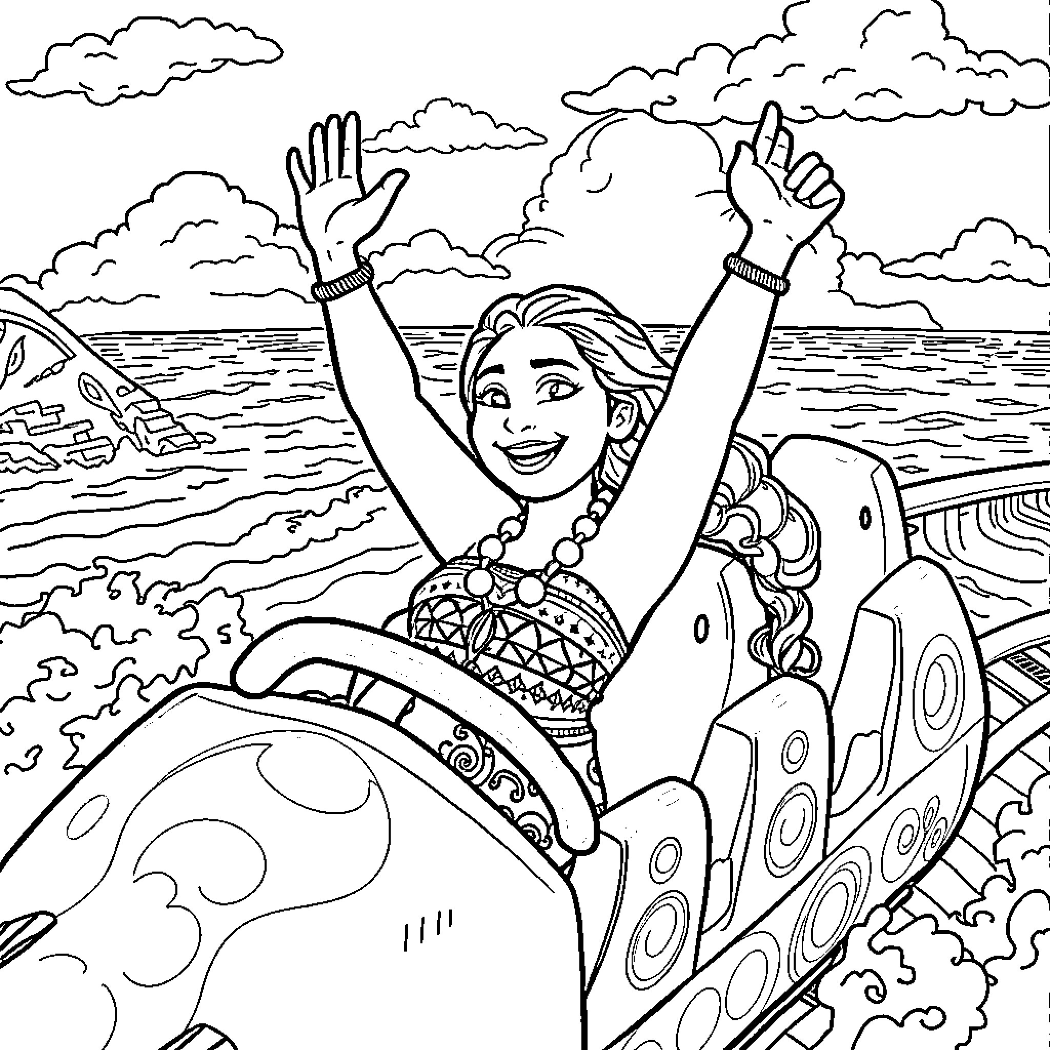 Moana enjoying a joyful adventure on the ocean Coloring Page (free black-and-white line drawing printable PDF for all, from beginners to advanced learners, including children, teens, adults, and seniors)