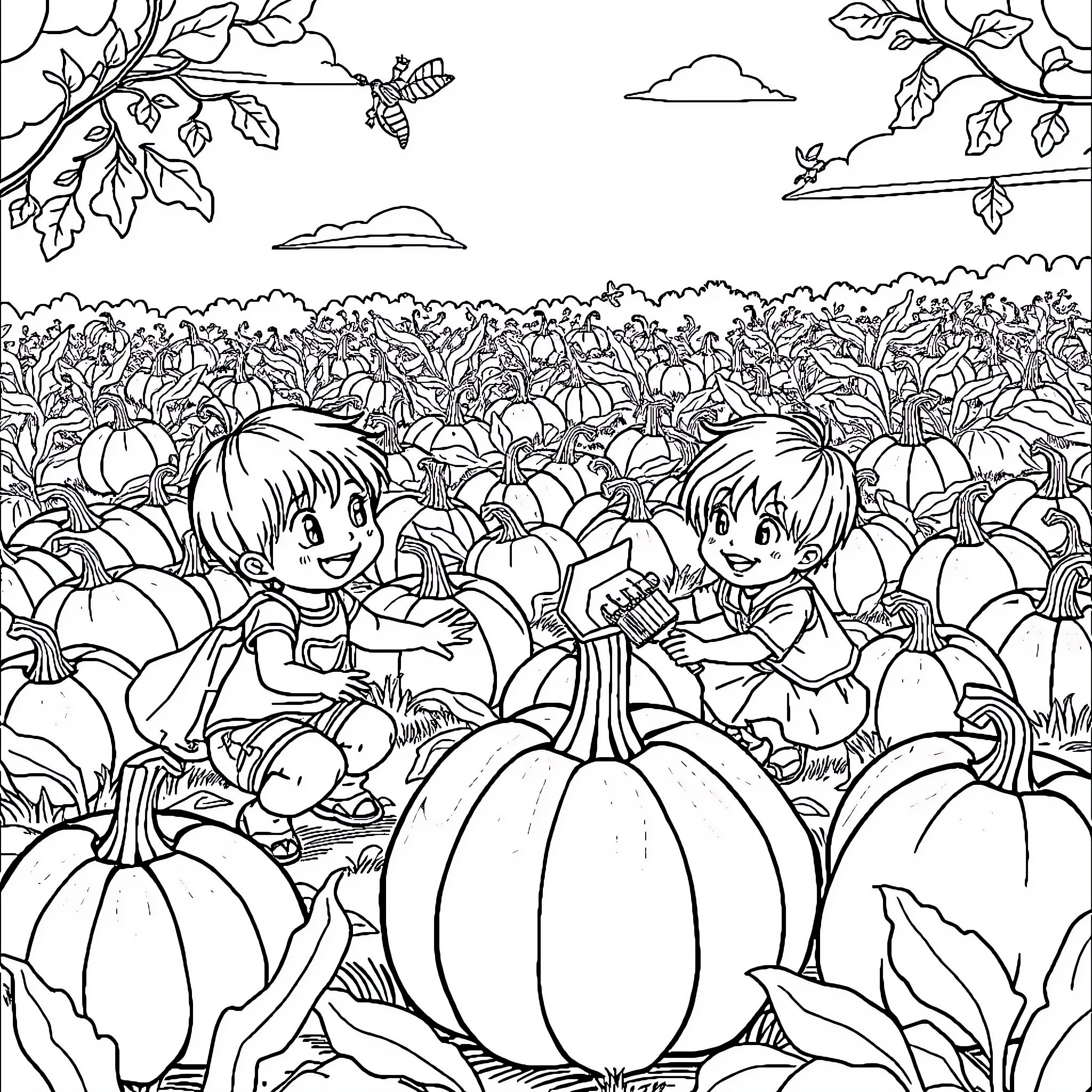 Pumpkin Patch Pals: Children Exploring the Autumn Wonder Coloring Page (free black-and-white line drawing printable PDF for all, from beginners to advanced learners, including children, teens, adults, and seniors)