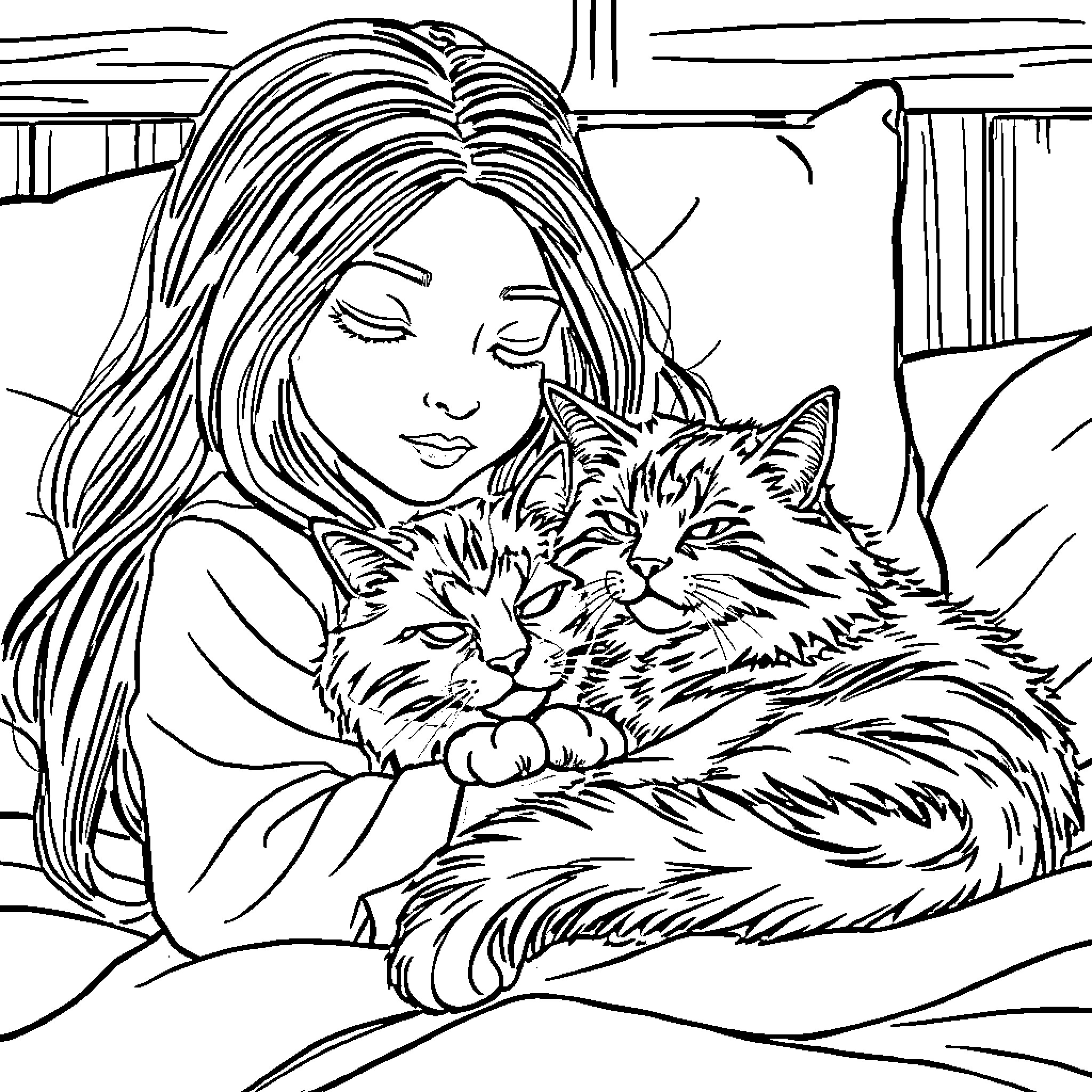 Girl cuddling with fluffy cats on cozy bed Coloring Page (free black-and-white line drawing printable PDF for all, from beginners to advanced learners, including children, teens, adults, and seniors)