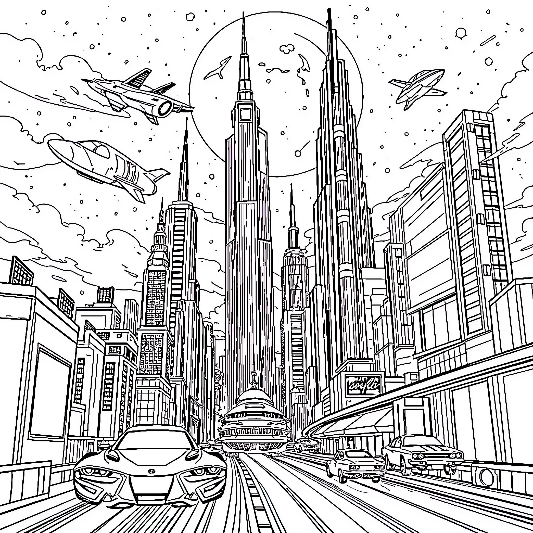 City of skyscrapers and futuristic vehicles Coloring Page (free black-and-white line drawing printable PDF for all, from beginners to advanced learners, including children, teens, adults, and seniors)