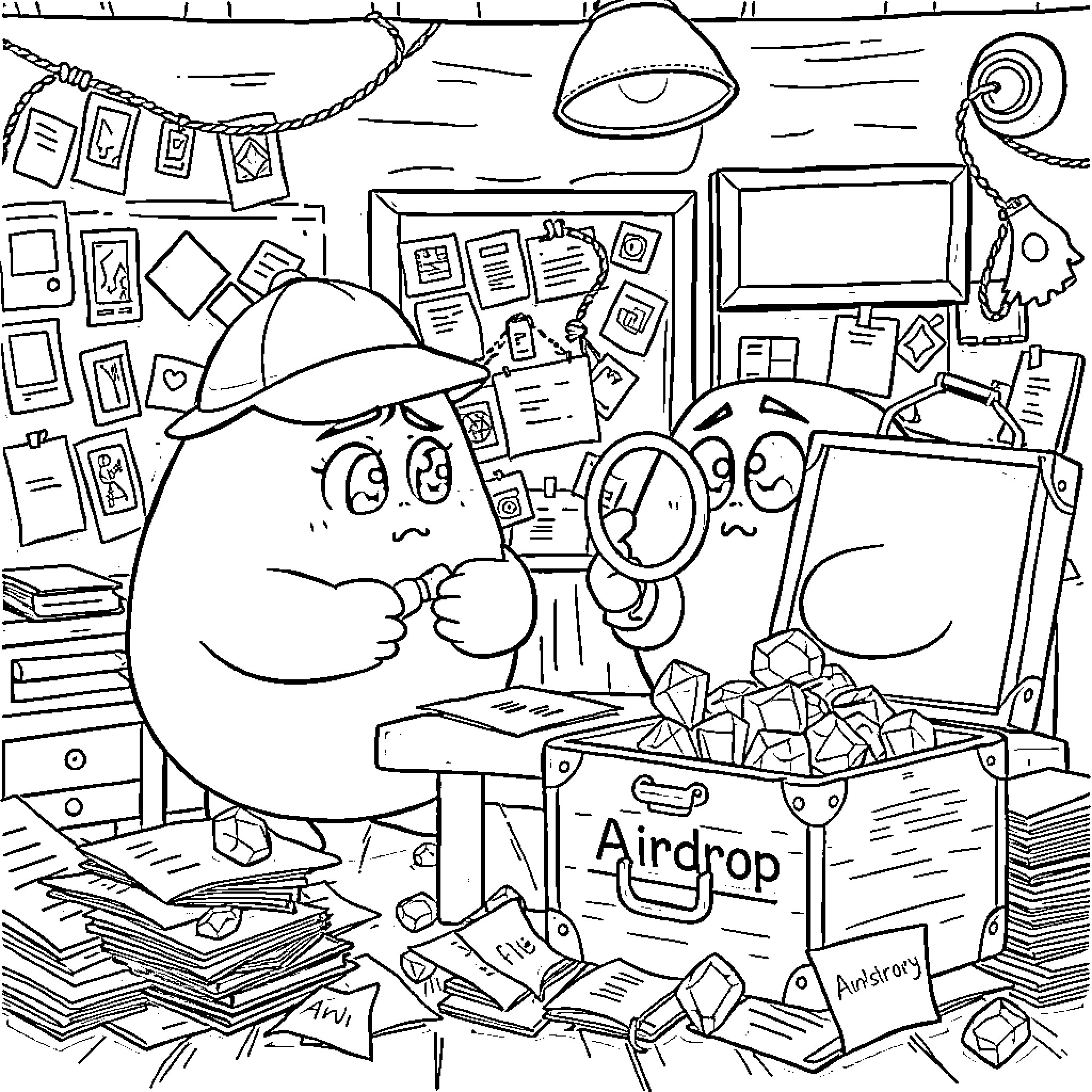 Detective Solves a Messy Case in the Office Coloring Page (free black-and-white line drawing printable PDF for all, from beginners to advanced learners, including children, teens, adults, and seniors)