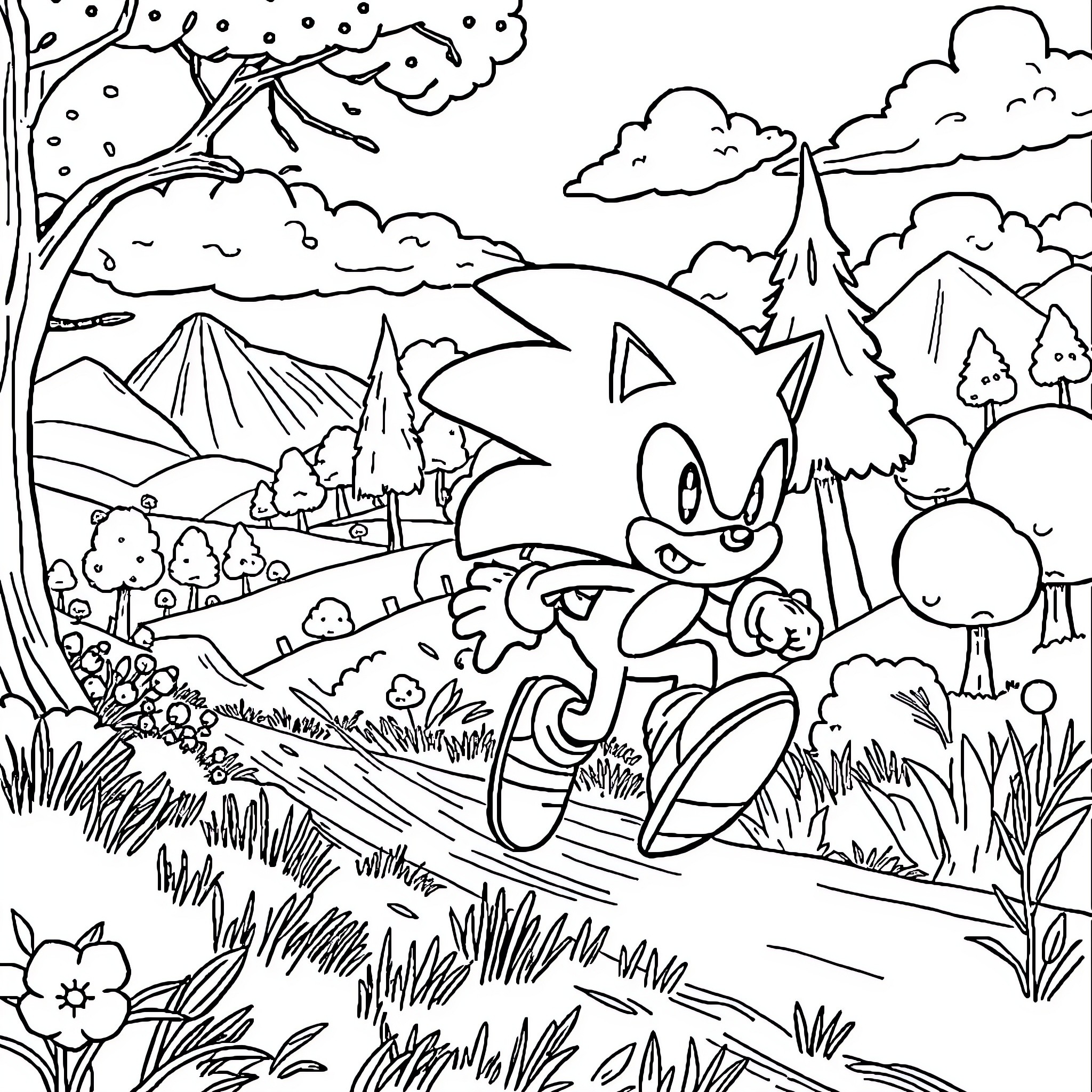 Roadrunner racing through a scenic landscape Coloring Page (free black-and-white line drawing printable PDF for all, from beginners to advanced learners, including children, teens, adults, and seniors)