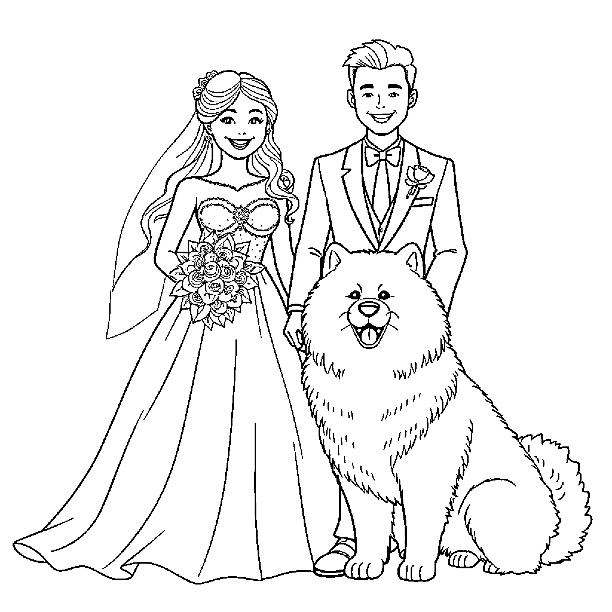 Bride and Groom Celebrate Wedding with Furry Companion Coloring Page (free black-and-white line drawing printable PDF for all, from beginners to advanced learners, including children, teens, adults, and seniors)