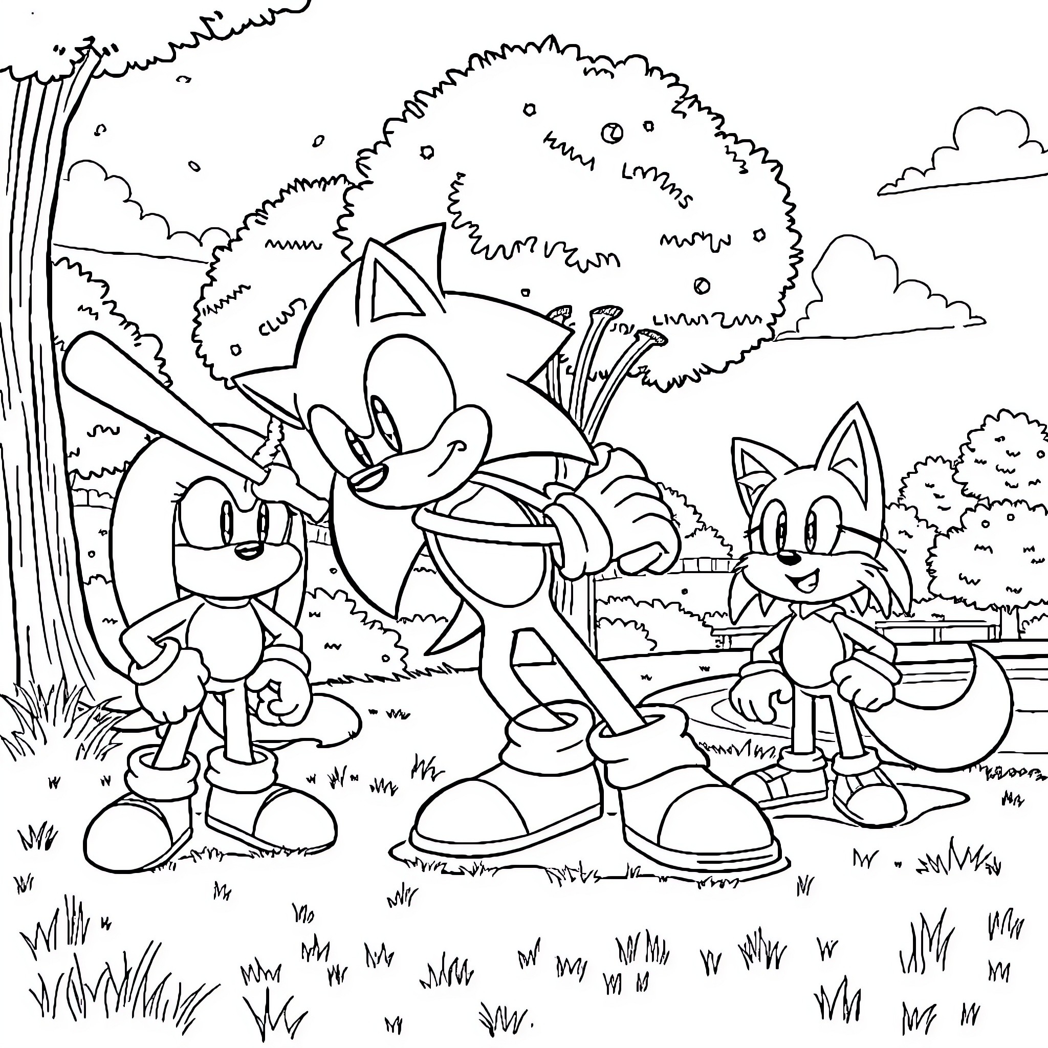 Sonic and friends explore the lush forest Coloring Page (free black-and-white line drawing printable PDF for all, from beginners to advanced learners, including children, teens, adults, and seniors)