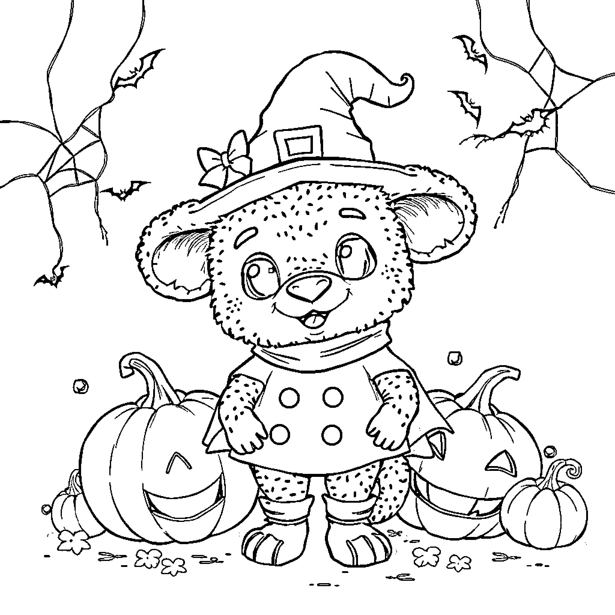 Labubu's Playful Halloween Antics Coloring Page (free black-and-white line drawing printable PDF for all, from beginners to advanced learners, including children, teens, adults, and seniors)