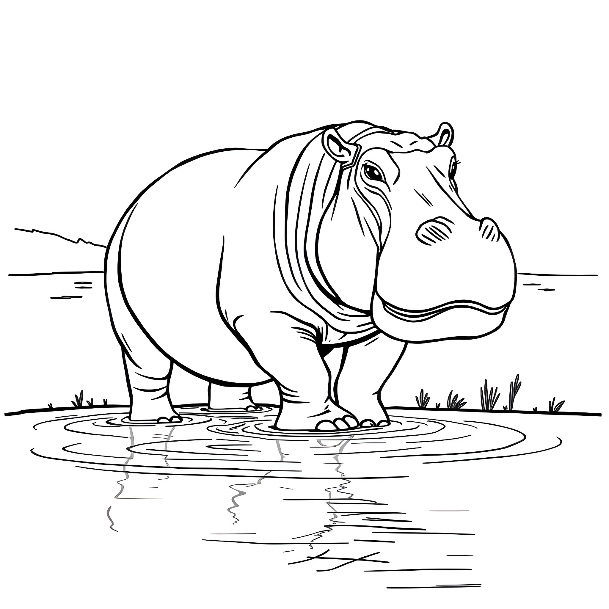 Hippopotamus standing in a shallow river Coloring Page (free black-and-white line drawing printable PDF for all, from beginners to advanced learners, including children, teens, adults, and seniors)