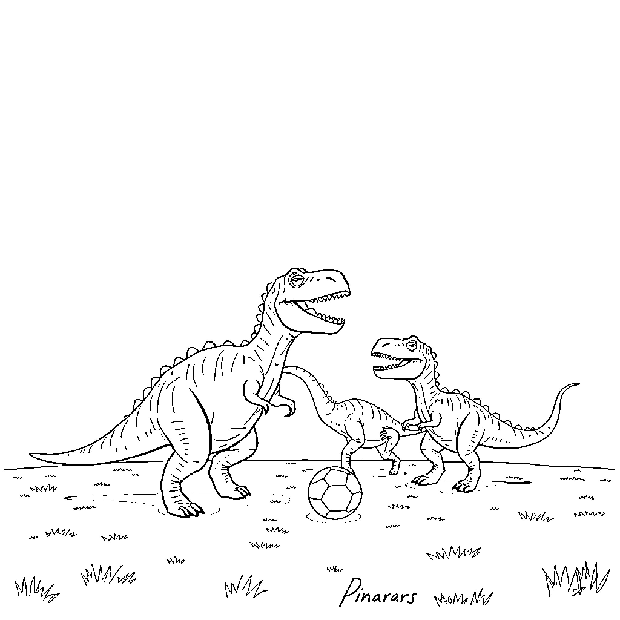Dinosaurs playing with a soccer ball Coloring Page (free black-and-white line drawing printable PDF for all, from beginners to advanced learners, including children, teens, adults, and seniors)
