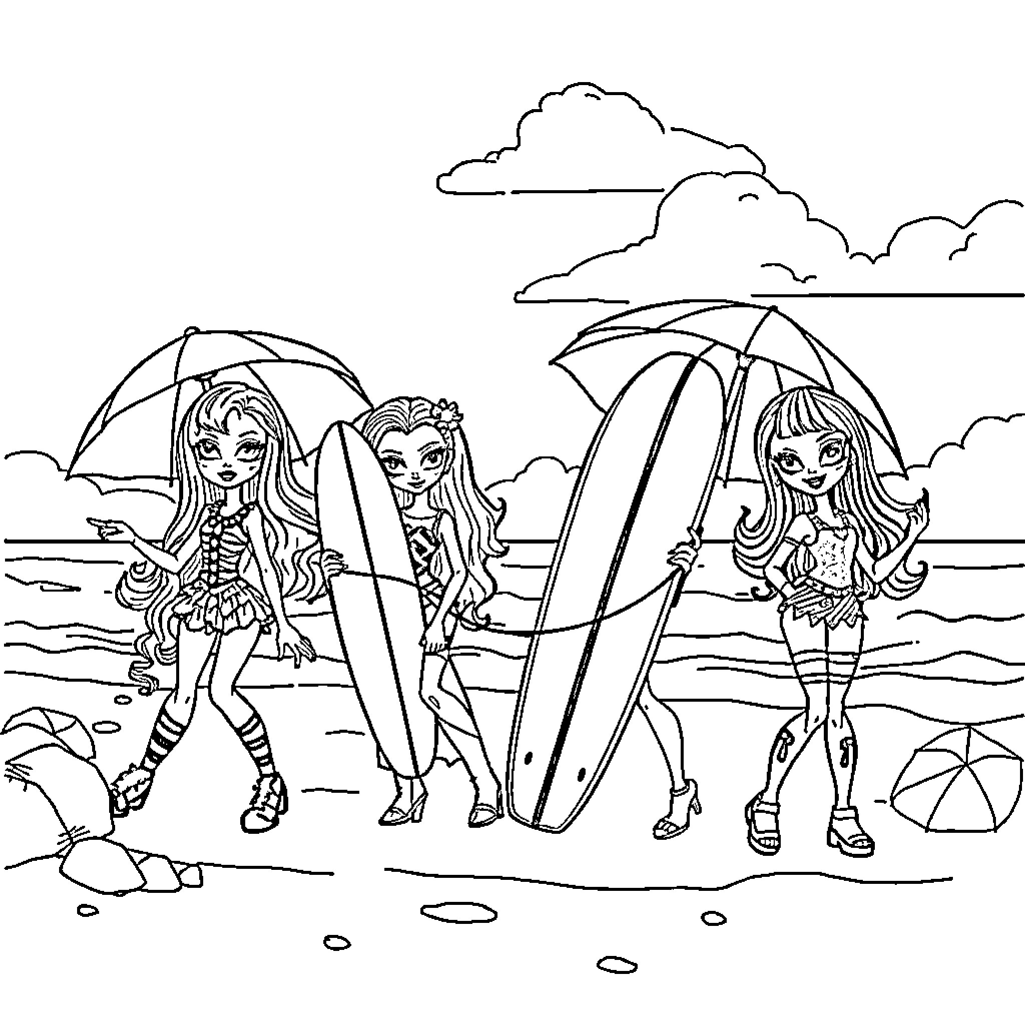Monster High Friends Enjoying the Beach Coloring Page (free black-and-white line drawing printable PDF for all, from beginners to advanced learners, including children, teens, adults, and seniors)
