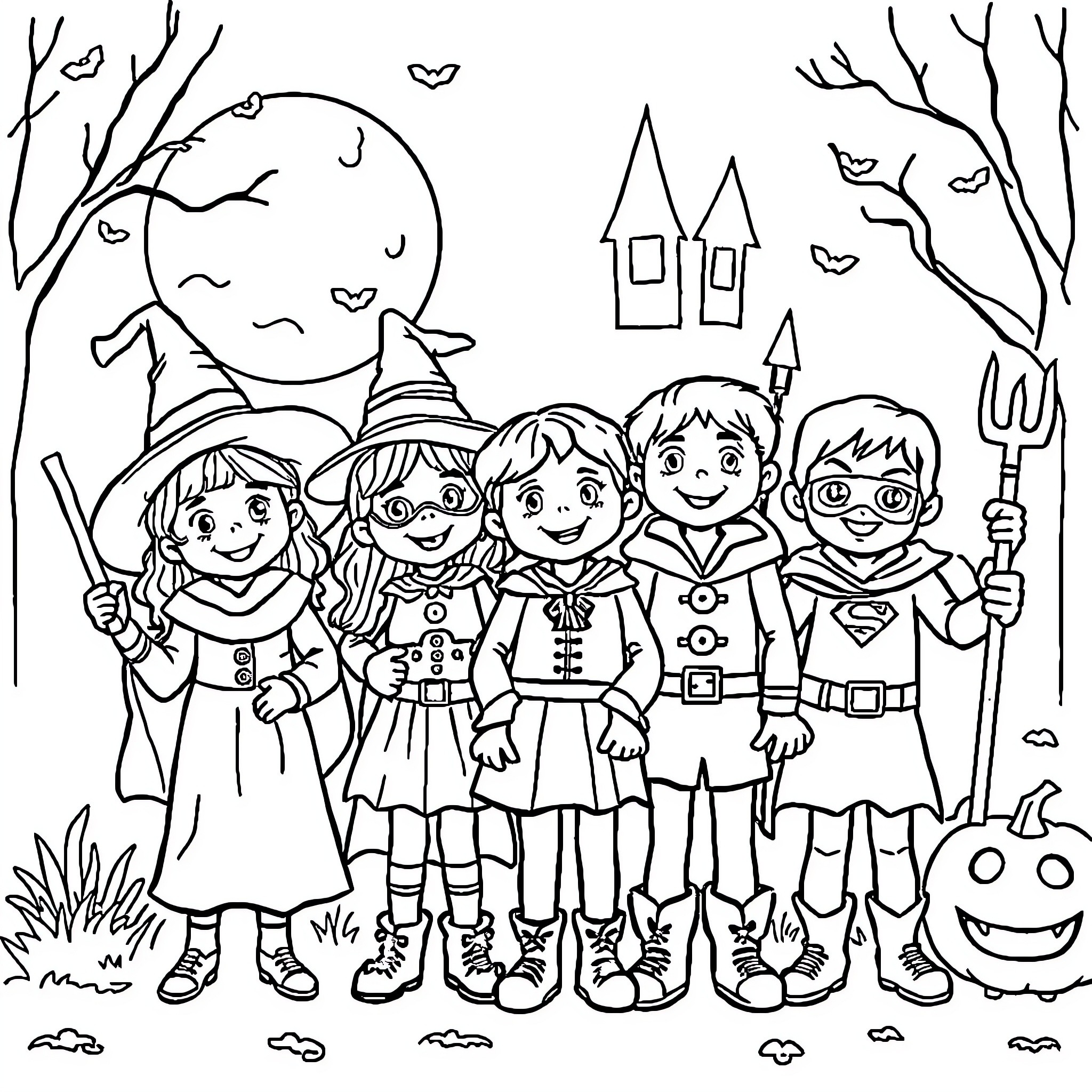 Kid Trick-or-Treating in Costume on Halloween Coloring Page (free black-and-white line drawing printable PDF for all, from beginners to advanced learners, including children, teens, adults, and seniors)