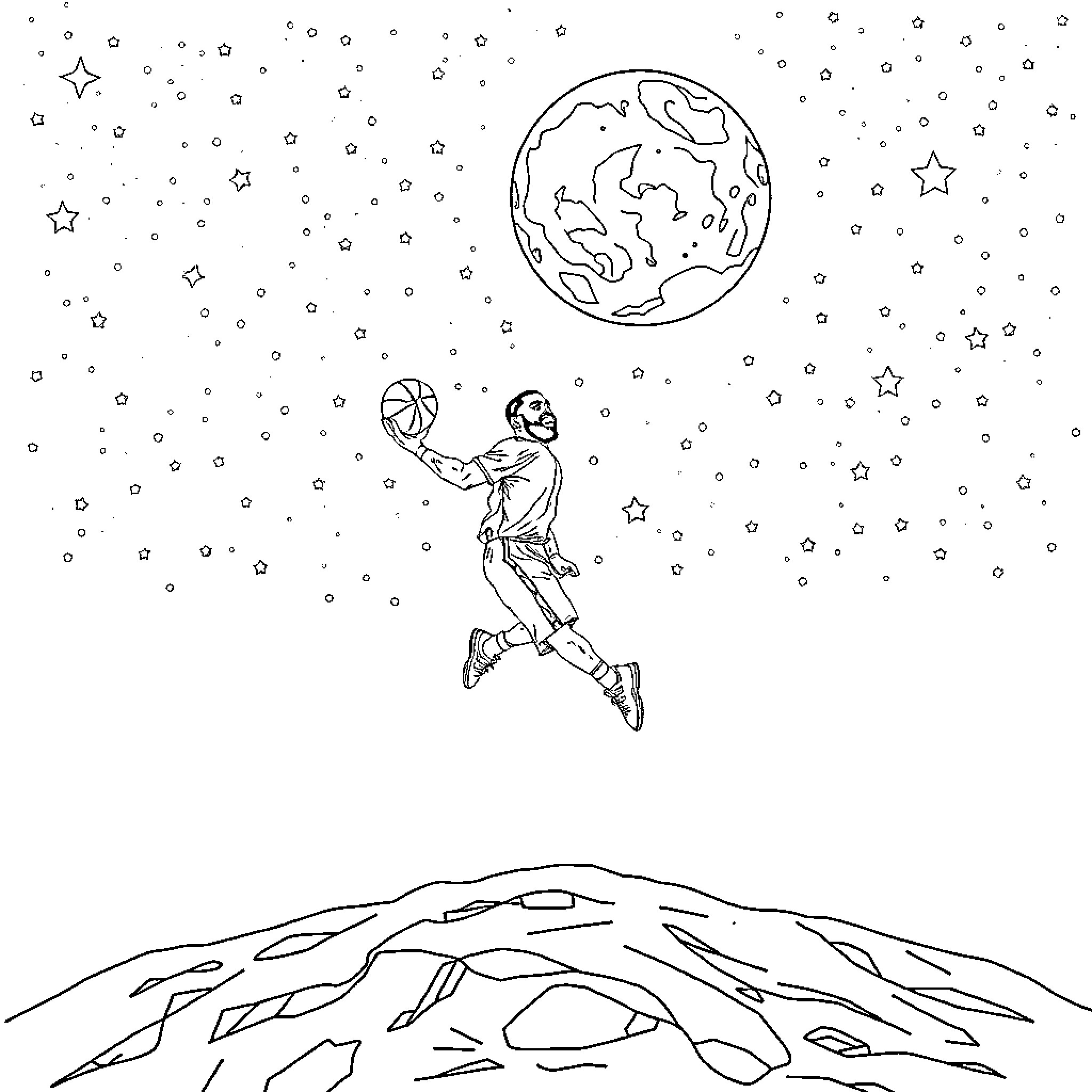 Drake floating above the moon and stars Coloring Page (free black-and-white line drawing printable PDF for all, from beginners to advanced learners, including children, teens, adults, and seniors)