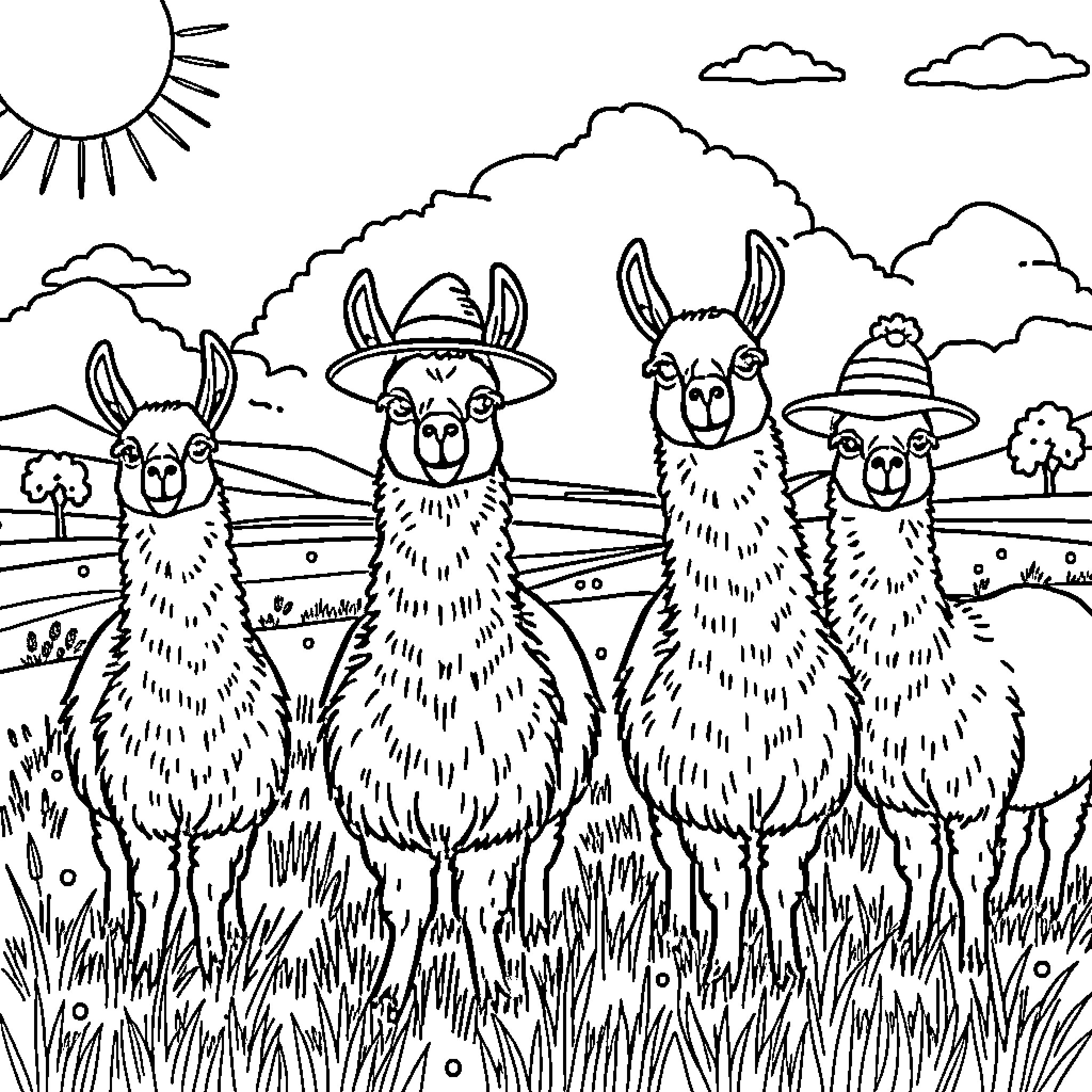 Llamas in hats relaxing in a pastoral scene Coloring Page (free black-and-white line drawing printable PDF for all, from beginners to advanced learners, including children, teens, adults, and seniors)