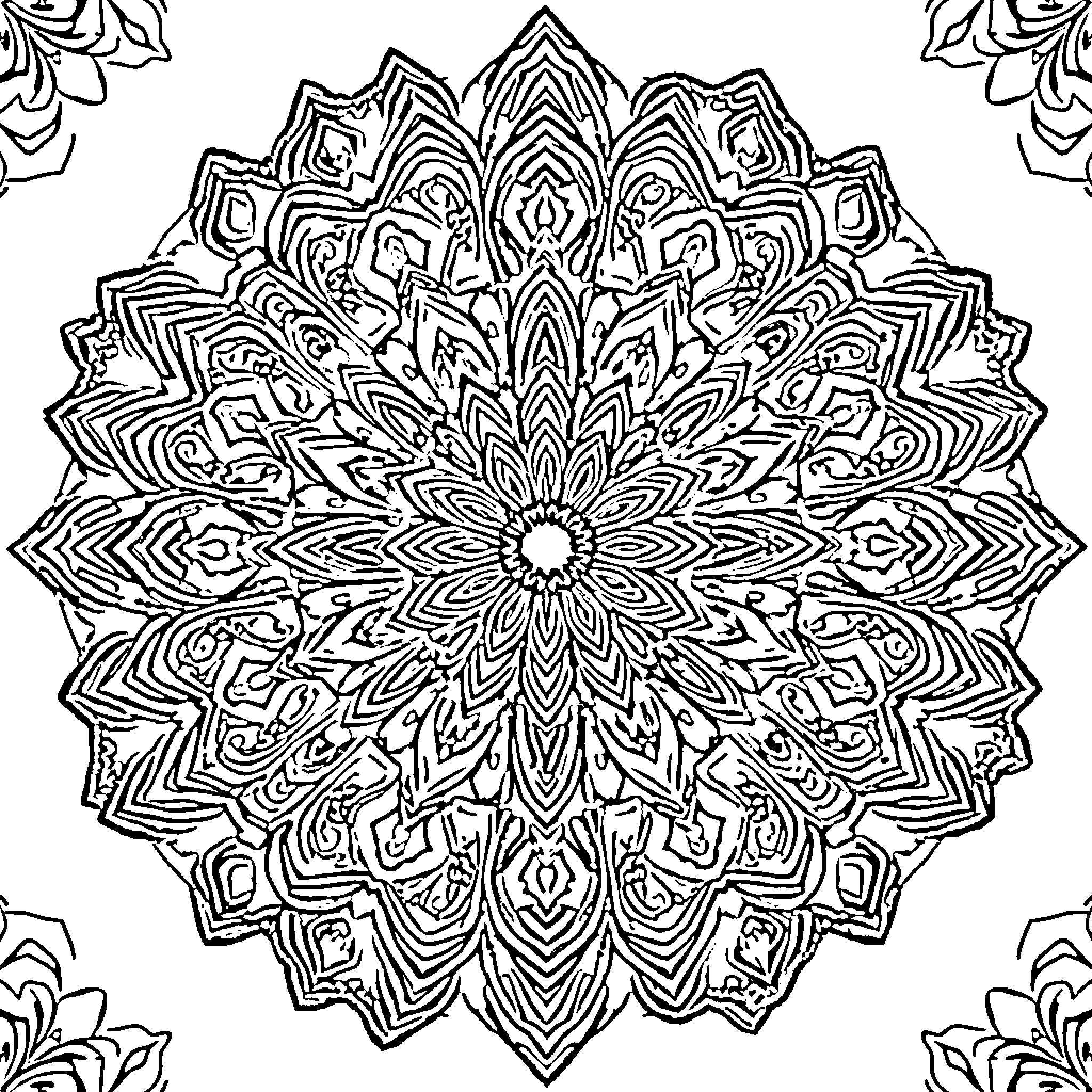 Mandala with intricate floral design Coloring Page (free black-and-white line drawing printable PDF for all, from beginners to advanced learners, including children, teens, adults, and seniors)