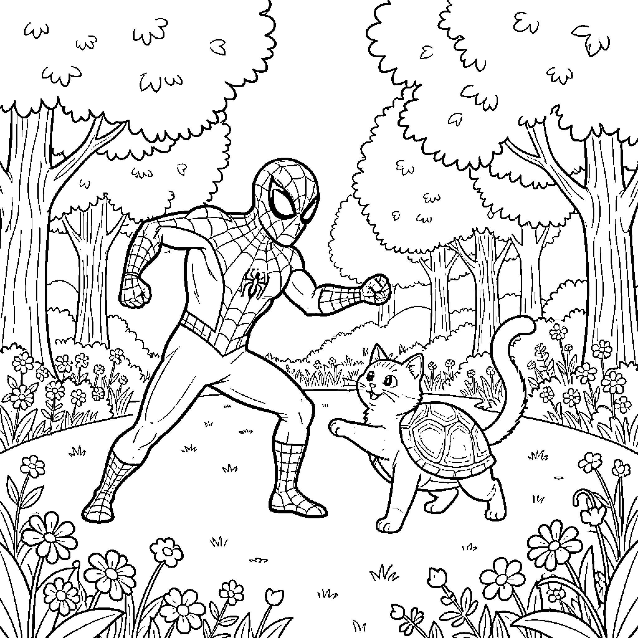 Spiderman helps a turtle in the forest Coloring Page (free black-and-white line drawing printable PDF for all, from beginners to advanced learners, including children, teens, adults, and seniors)