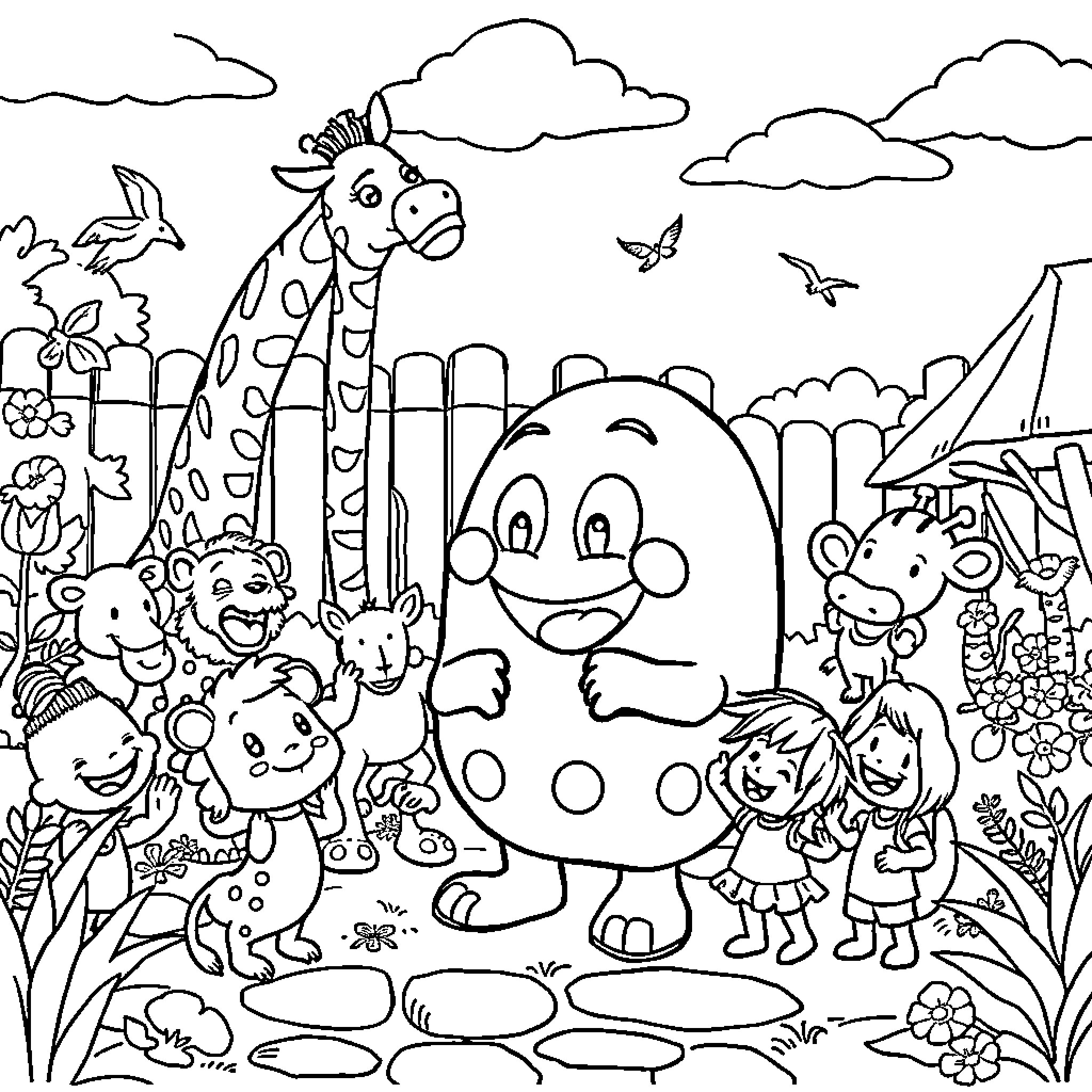 Mr Blobby's Cheerful Animal Friends Gather in the Countryside Coloring Page (free black-and-white line drawing printable PDF for all, from beginners to advanced learners, including children, teens, adults, and seniors)