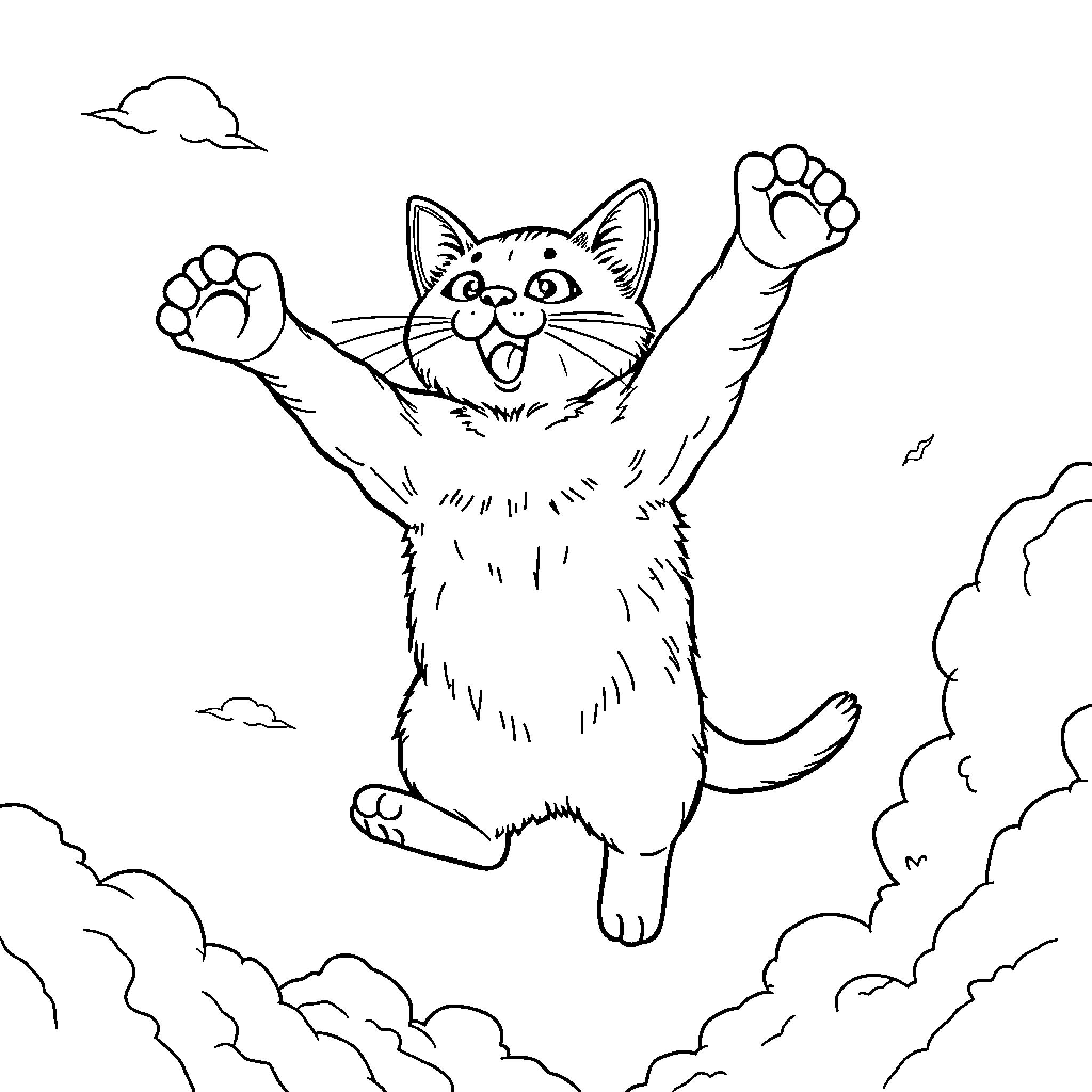 Cat joyfully leaping in the clouds Coloring Page (free black-and-white line drawing printable PDF for all, from beginners to advanced learners, including children, teens, adults, and seniors)
