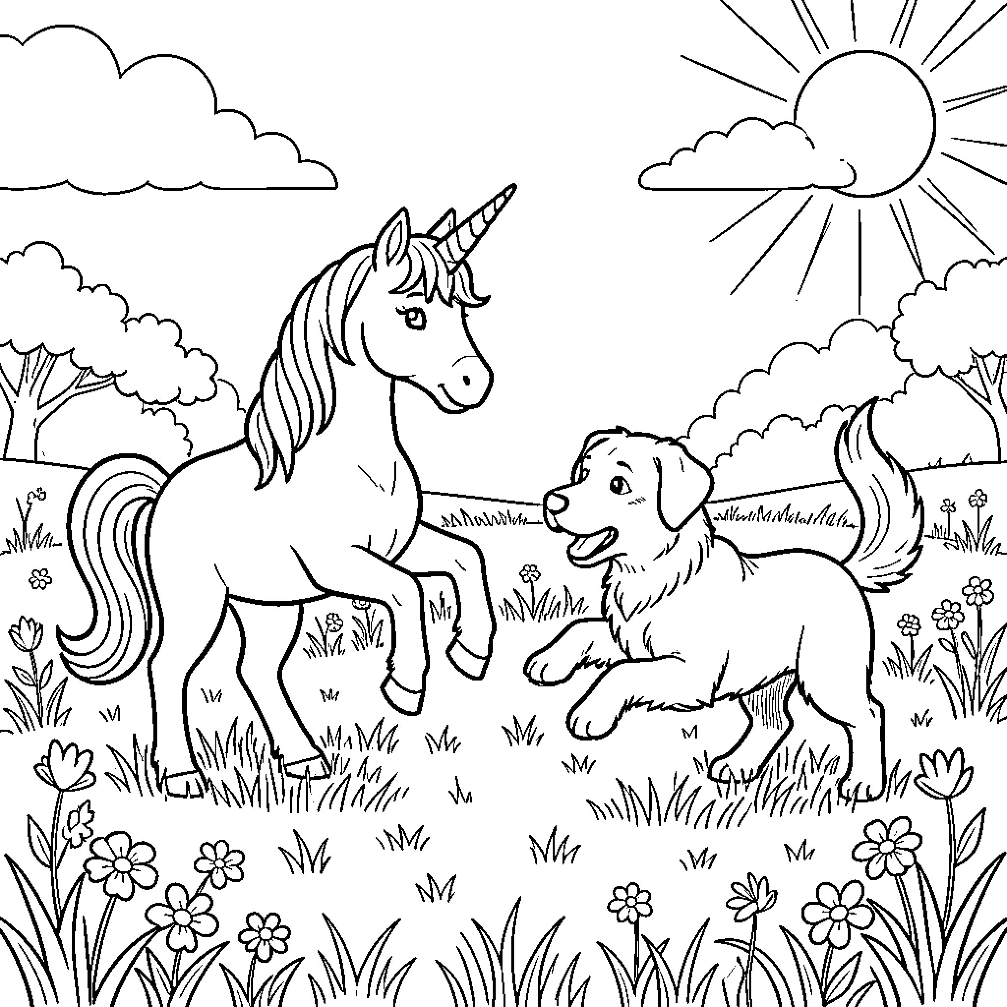 Unicorn playing joyfully with a puppy in a meadow Coloring Page (free black-and-white line drawing printable PDF for all, from beginners to advanced learners, including children, teens, adults, and seniors)