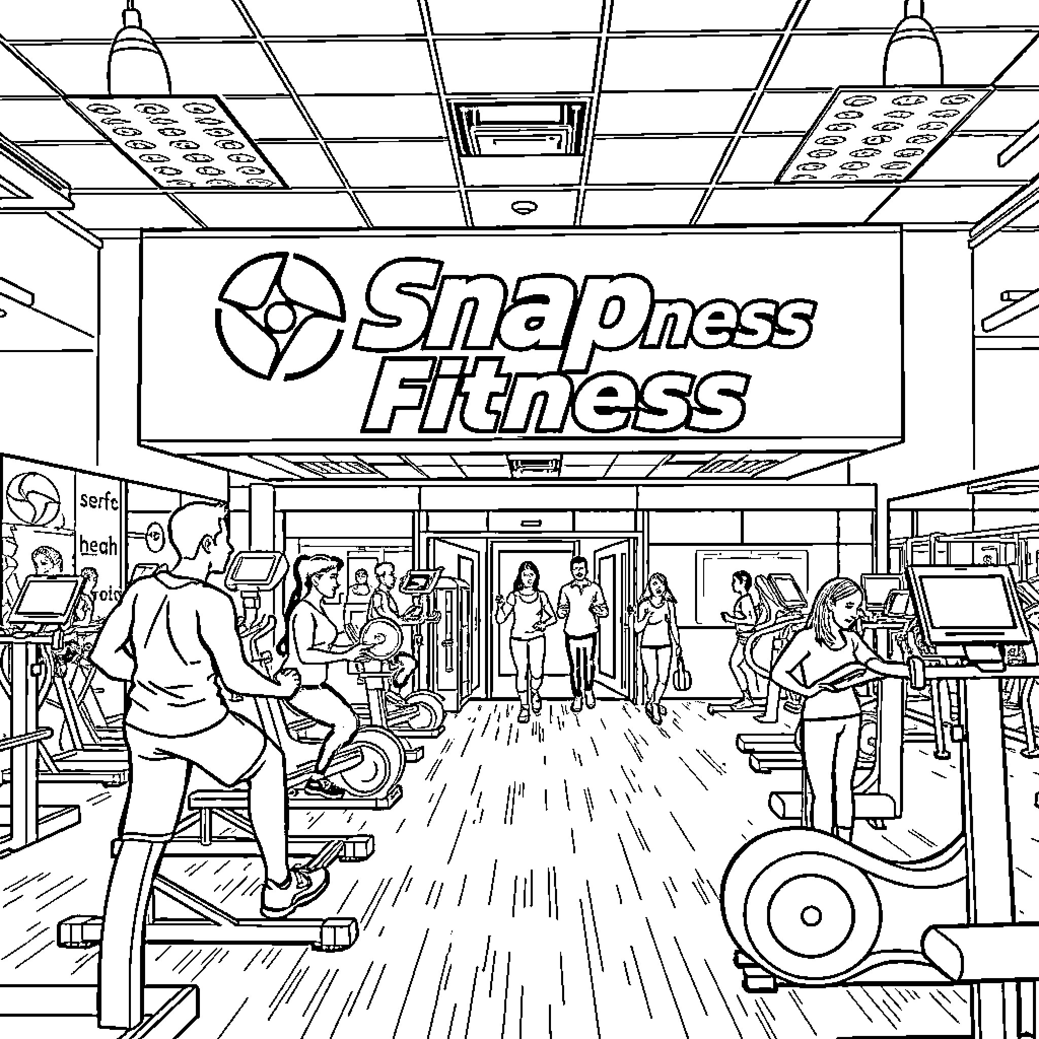 Snap Fitness gym with people working out Coloring Page (free black-and-white line drawing printable PDF for all, from beginners to advanced learners, including children, teens, adults, and seniors)