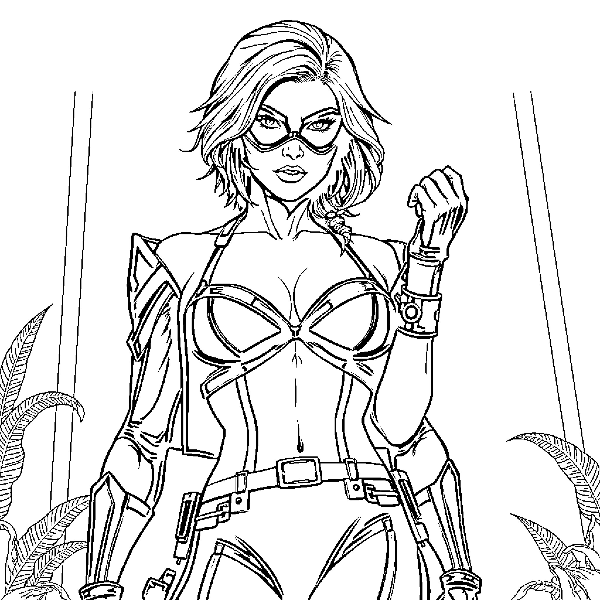 Black Widow in Heroic Pose with Weapons Coloring Page (free black-and-white line drawing printable PDF for all, from beginners to advanced learners, including children, teens, adults, and seniors)