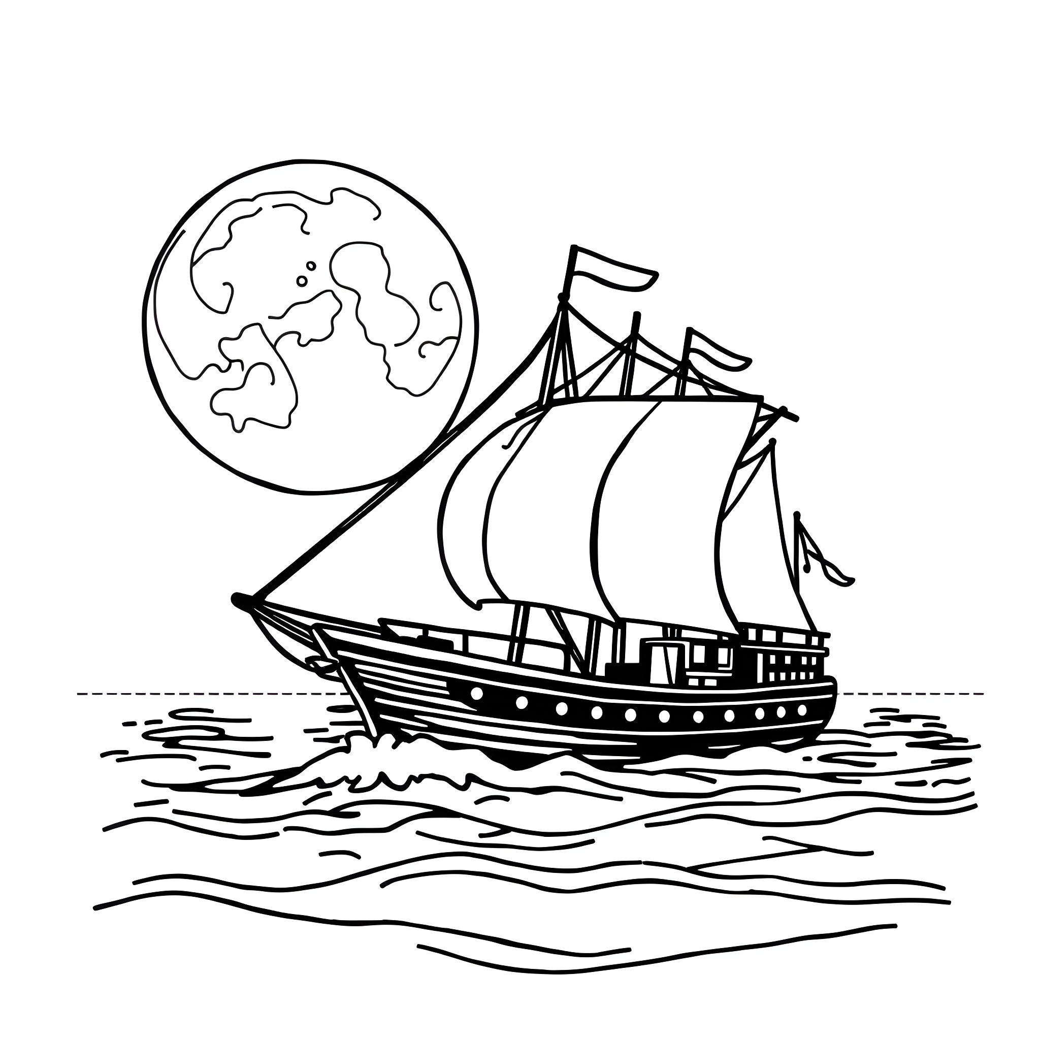 Ship sailing across the ocean under the moon Coloring Page (free black-and-white line drawing printable PDF for all, from beginners to advanced learners, including children, teens, adults, and seniors)
