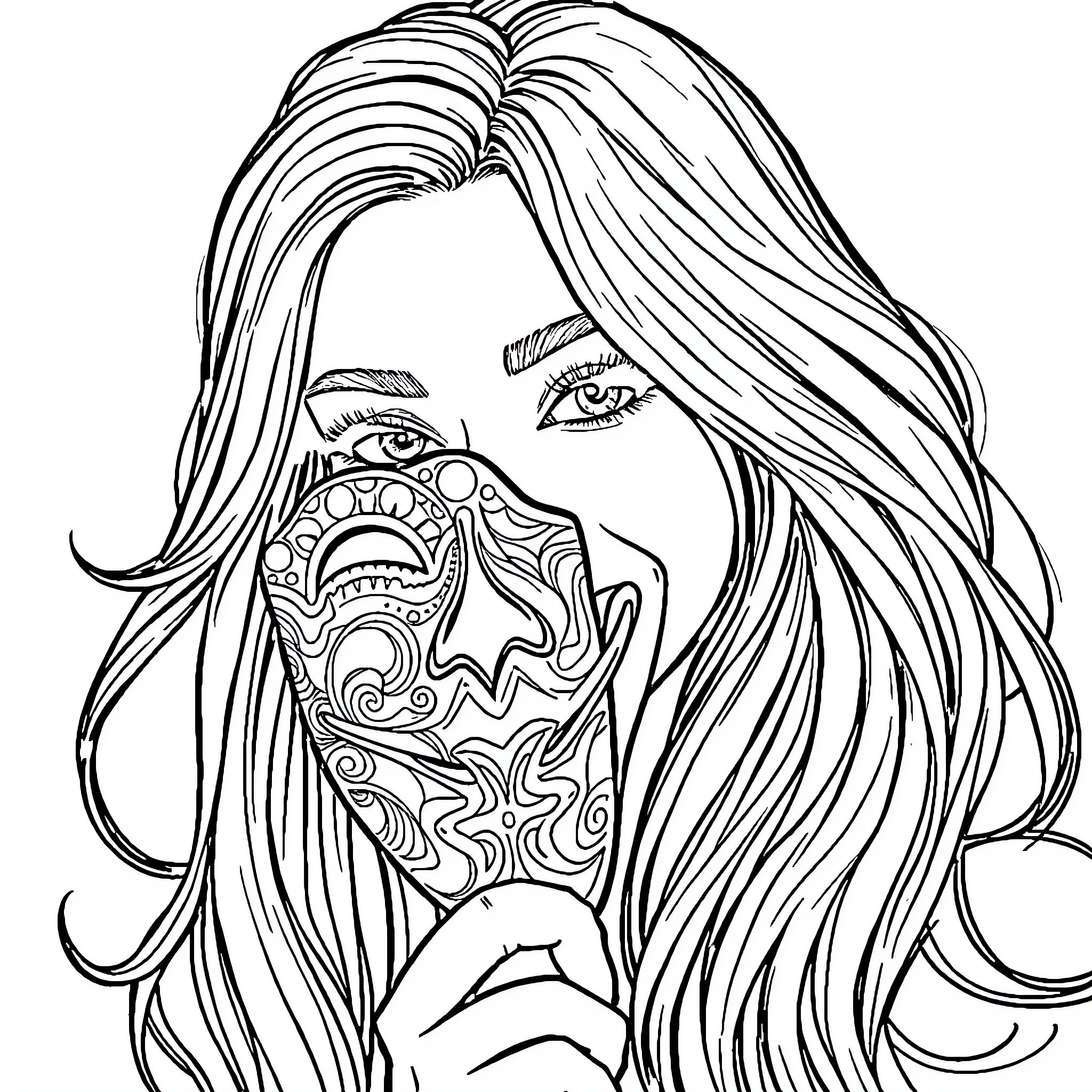 Woman with elaborate facial ornaments and flowing hair Coloring Page (free black-and-white line drawing printable PDF for all, from beginners to advanced learners, including children, teens, adults, and seniors)