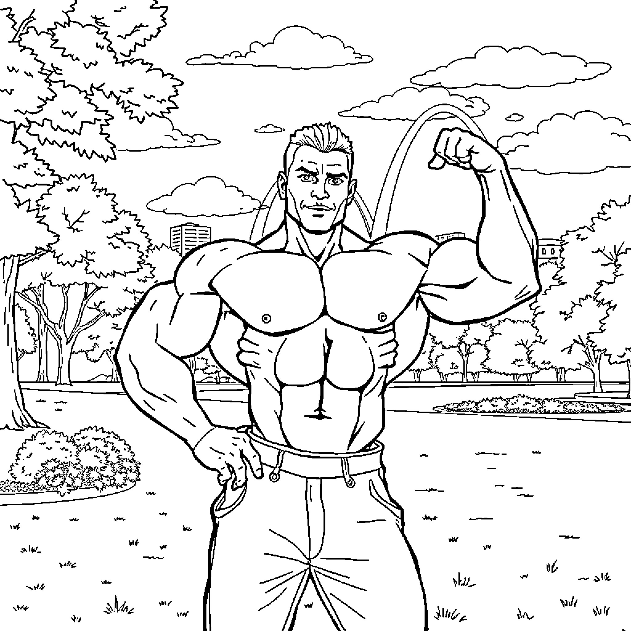 Bodybuilder Flexing Muscles in Outdoor Landscape Coloring Page (free black-and-white line drawing printable PDF for all, from beginners to advanced learners, including children, teens, adults, and seniors)