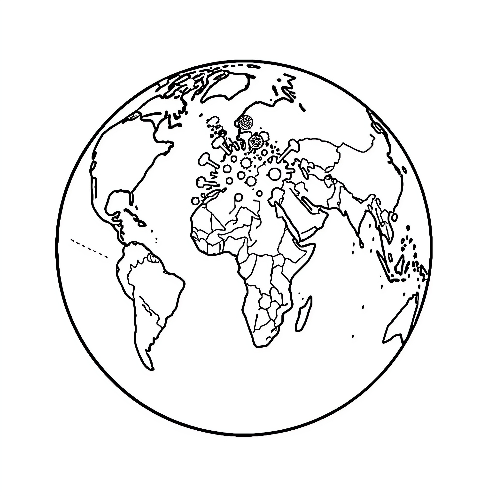 Monkeypox Virus Spreading Globally on World Map Coloring Page (free black-and-white line drawing printable PDF for all, from beginners to advanced learners, including children, teens, adults, and seniors)